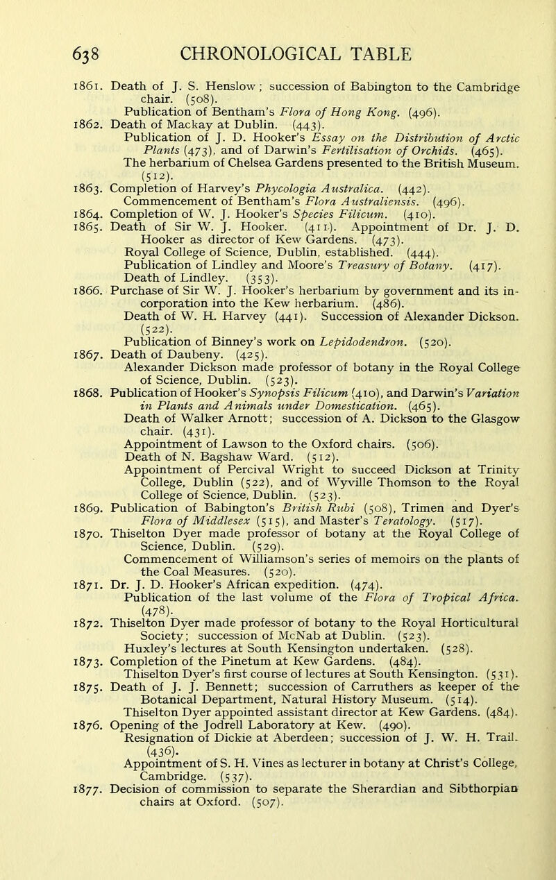 1861. Death of J. S. Henslow; succession of Babington to the Cambridge chair. (508). Publication of Bentham’s Flora of Hong Kong. (496). 1862. Death of Mackay at Dublin. (443). Publication of J. D. Hooker’s Essay on the Distribution of Arctic Plants (473), and of Darwin’s Fertilisation of Orchids. (465). The herbarium of Chelsea Gardens presented to the British Museum. (512). 1863. Completion of Harvey’s Phycologia Australica. (442). Commencement of Bentham’s Flora Australiensis. (496). 1864. Completion of W. J. Hooker’s Species Filicum. (410). 1865. Death of Sir W. J. Hooker. (411). Appointment of Dr. J. D. Hooker as director of Kew Gardens. (473). Royal College of Science, Dublin, established. (444). Publication of Lindley and Moore’s Treasury of Botany. (417). Death of Lindley. (353)- 1866. Purchase of Sir W. J. Hooker’s herbarium by government and its in- corporation into the Kew herbarium. (486). Death of W. H. Harvey (441). Succession of Alexander Dickson. (522). Publication of Binney’s work on Lepidodendron. (520). 1867. Death of Daubeny. (425). Alexander Dickson made professor of botany in the Royal College of Science, Dublin. (523). 1868. Publication of Hooker’s Synopsis Filicum (410), and Darwin’s Variation in Plants and Animals under Domestication. (465). Death of Walker Arnott; succession of A. Dickson to the Glasgow chair. (431). Appointment of Lawson to the Oxford chairs. (506). Death of N. Bagshaw Ward. (512). Appointment of Percival Wright to succeed Dickson at Trinity College, Dublin (522), and of Wyville Thomson to the Royal College of Science, Dublin. (523). 1869. Publication of Babington’s British Rubi (508), Trimen and Dyer’s Flora of Middlesex (515), and Master’s Teratology. (517). 1870. Thiselton Dyer made professor of botany at the Royal College of Science, Dublin. (529). Commencement of Williamson’s series of memoirs on the plants of the Coal Measures. (520). 1871. Dr. J. D. Hooker’s African expedition. (474). Publication of the last volume of the Flora of Tropical Africa. (478). 1872. Thiselton Dyer made professor of botany to the Royal Horticultural Society; succession of McNab at Dublin. (523). Huxley’s lectures at South Kensington undertaken. (528). 1873. Completion of the Pinetum at Kew Gardens. (484). Thiselton Dyer’s first course of lectures at South Kensington. (531). 1875. Death of J. J. Bennett; succession of Carruthers as keeper of the Botanical Department, Natural History Museum. (514). Thiselton Dyer appointed assistant director at Kew Gardens. (484). 1876. Opening of the Jodrell Laboratory at Kew. (490). Resignation of Dickie at Aberdeen; succession of J. W. H. Trail. (436). Appointment of S. H. Vines as lecturer in botany at Christ’s College, Cambridge. (537). 1877. Decision of commission to separate the Sherardian and Sibthorpian chairs at Oxford. (507).