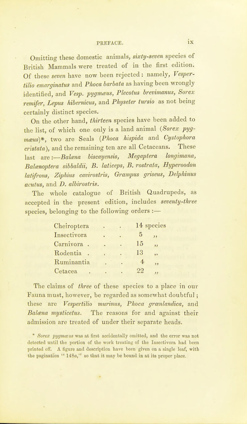 Omitting these domestic animals, sixty-seven species of British Mammals were treated of in the first edition. Of these seven have now been rejected: namely, Vesper- tilio emarginatus and Phoca harbata as having been wrongly identified, and Vesp. pygmaus, Plecotus hrevimanus, Sorex remifer, Lepus hibernicus, and Physeter tursio as not being certainly distinct species. On the other hand, thirteen species have been added to the list, of which one only is a land animal {Sorex pyg- m(Eus)*, two are Seals {Phoca hispida and Cystophora cristata), and the remaining ten are all Cetaceans. These last are:—Bakena biscayensis, Megaptera longimana, Balcenoptera sibbaldii, B. laticeps, B. rostrata, Hyperoodon latifrons, Ziphius cavirostris, Ch-ampus griseus, Delphinus acutus, and D. albirostris. The whole catalogue of British Quadrupeds, as accepted in the present edition, includes seventy-three species, belonging to the following orders :— Cheiroptera Insectivora Carnivora . Rodentia . Ruminantia Cetacea The claims of three of these species to a place in our Fauna must, however, be regarded as somewhat doubtful ; these are Vespertilio murinus, Phoca groenlandica, and Balcena mysticetus. The reasons for and against their admission are treated of under their separate heads. * Sorex pj/ffmceus was at first accidentally omitted, and the error was not detected until the portion of the work treating of the Insectivora had been printed off. A figure and description have been given on a single leaf, with the pagination  148a, so that it may be bound in at its proper place. 5 15 13 4 22