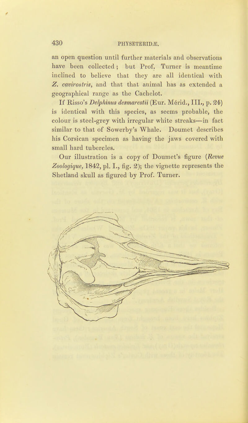 an open question until further materials and observations have been collected; but Prof. Turner is meantime inclined to believe that they are all identical with Z. cavirostris, and that that animal has as extended a geographical range as the Cachelot. If Risso's Delphinus desmarestii (Eur. M6rid., III., p. 24) is identical with this species, as seems probable, the colour is steel-grey with irregular white streaks—in fact similar to that of Sowerby's Whale. Doumet describes his Corsican specimen as having the jaws covered with small hard tubercles. Our illustration is a copy of Doumet's figure {Revue Zoologique, 1842, pi. I., fig. 2); the vignette represents the Shetland skull as figured by Prof. Turner.