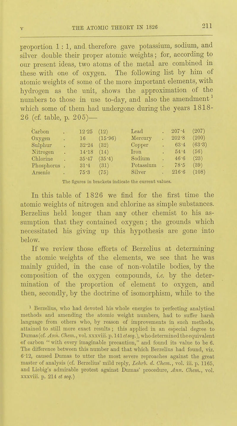 THE ATOMIC THEORY IN 1826 proportion 1:1, and therefore gave potassium, sodium, and silver double their proper atomic weights; for, according to oiu- present ideas, two atoms of the metal are combined in these with one of oxygen. The following list by him of atomic weights of some of the more important elements, with hydrogen as the unit, shows the approximation of the numbers to those in use to-day, and also the amendment' which some of them had undergone during the years 1818- 26 (cf table, p. 205)— Carbon 12-25 (12) Lead 207-4 (207) Oxygen 16 (15-96) Merciu-y 202-8 (200) Sulpliur 32-24 (32) Copper 63-4 (63-3) Nitrogen 14-18 (14) Iron 54-4 (56) Chlorine 35-47 (35-4) Sodium 46-6 (23) Phosphorus . 31-4 (31) Potassium . 78-5 (39) Arsenic 75-3 (75) Silver 216'6 (108) The figures in brackets indicate the current values. In this table of 1826 we find for the first time the atomic weights of nitrogen and chlorine as simple substances. Berzelius held longer than any other chemist to his as- sumption that they contained oxygen; the grounds which necessitated his giving up this hypothesis are gone into below. If we review those efforts of Berzelius at determining the atomic weights of the elements, we see that he was mainly guided, in the case of non-volatile bodies, by the composition of the oxygen compounds, i.e. by the deter- mination of the proportion of element to oxygen, and then, secondly, by the doctrine of isomorphism, while to the Berzelius, who had devoted his whole energies to perfecting analytical methods and amending the atomic weight numbers, had to suffer harsh language from others who, by reason of improvements in such methods, attained to still more exact results ; this applied in an especial degi'ce to Dumas(cf Ann. Chem., vol. xxxviii. p. lilctseq.), who determined the equivalent of carbon with every imaginable precaution, and found its value to be 6. The difference between this number and that which Berzelius had found, viz. 6-12, caused Dumas to utter the most severe reproaches against the gi-eat master of analysis (cf. Berzelius' mild rejily, Lehrh. d. Cham., vol. iii. p. 1165, and Liebig's admirable protest against Dumas' procedure, Ann. Ohem., vol. xxxviii. p. 214 et seq.)