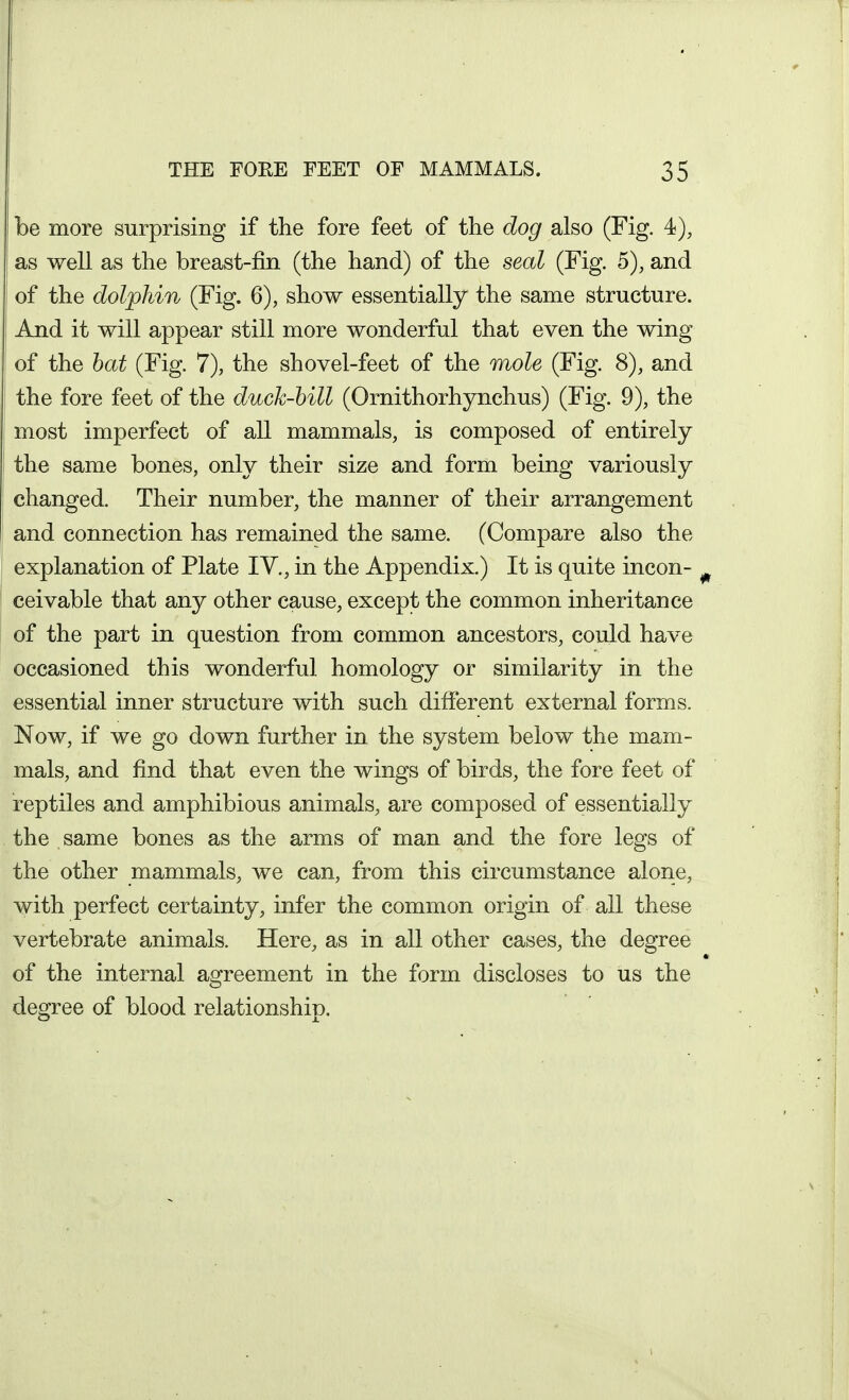 I be more surprising if the fore feet of the dog also (Fig. 4), ' as well as the breast-fin (the hand) of the seal (Fig. 5), and of the dolphin (Fig. 6), show essentially the same structure. And it will appear still more wonderful that even the wing of the hat (Fig. 7), the shovel-feet of the mole (Fig. 8), and the fore feet of the duck-hill (Ornithorhynchus) (Fig. 9), the i most imperfect of all mammals, is composed of entirely the same bones, only their size and form being variously changed. Their number, the manner of their arrangement and connection has remained the same. (Compare also the explanation of Plate IV., in the Appendix.) It is quite incon- ^ ceivable that any other cause, except the common inheritance of the part in question from common ancestors, could have occasioned this wonderful homology or similarity in the essential inner structure with such different external forms. Now, if we go down further in the system below the mam- mals, and find that even the wings of birds, the fore feet of reptiles and amphibious animals, are composed of essentially the same bones as the arms of man and the fore legs of the other mammals, we can, from this circumstance alone, with perfect certainty, infer the common origin of all these vertebrate animals. Here, as in all other cases, the degree of the internal agreement in the form discloses to us the degree of blood relationship.