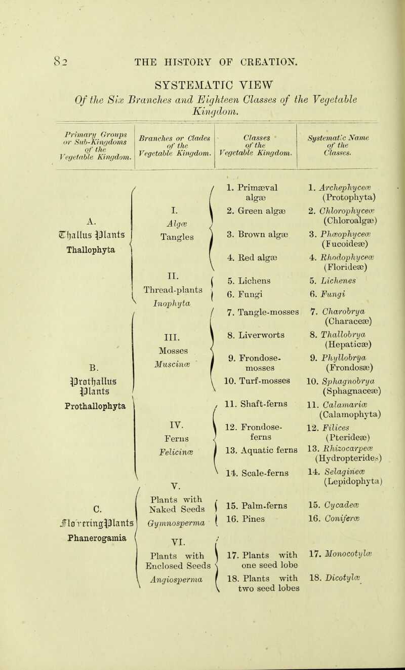 SYSTEMATIC VIEW Of the Six Branches and Eighteen Glasses of the Vegetable Kingdom. Primary Groups or Sub-kingdoms of the Vegetable Kingdom. Branches or Clades of the Vegetable Kingdom. Classes of the Vegetable Kingdom. Systemat'c Name of the Classes. Thallophyta ^ratfjallus Prothallophyta JTIoVmng^Iants Phanerogainia I. Alg(M Tanorles II. Thread-plants Inophyta III. Mosses MuscincB IV. Ferns Felicince V. Plants with Naked Seeds Gymnosperma 1. Primeval algge 2. Green algae 3. Brown algae 4. Red algee I 5. Lichens j 6. Fungi / 7. Tangle-mosses 8. Liverworts 9. Frondose- mosses 10. Turf-mosses , 11. Shaft-ferns 12. Frondose- ferns 13. Aquatic ferns 14. Scale-ferns 15. Palm-ferns 16. Pines VI. Plants with Enclosed Seeds Angiosperma 17. Plants with one seed lobe 18. Plants with two seed lobes 1. ArcliepJiyceoi (Protophyta) 2. Chlorophyceo; (Chloroalgae) 3. Phoeophycew (Fucoideae) 4. Bliodophycece (Florideae) 5. Lichenes 6. Fungi 7. Charohrya (Characese) 8. Thallohrya (Hepaticae) 9. Phyllohryob (Frondosae) 10. Sphagnohrya (Sphagnacese) 11. Calamarice (Calamophyta) 12. Filices (Pterideae) 13. Rhizocarpece (Hydropteride.s) 14. Selagineoe (Lepidophyta) 15. Cycadece 16. Coniferce 17. Monocotylce 18, Dicotylai