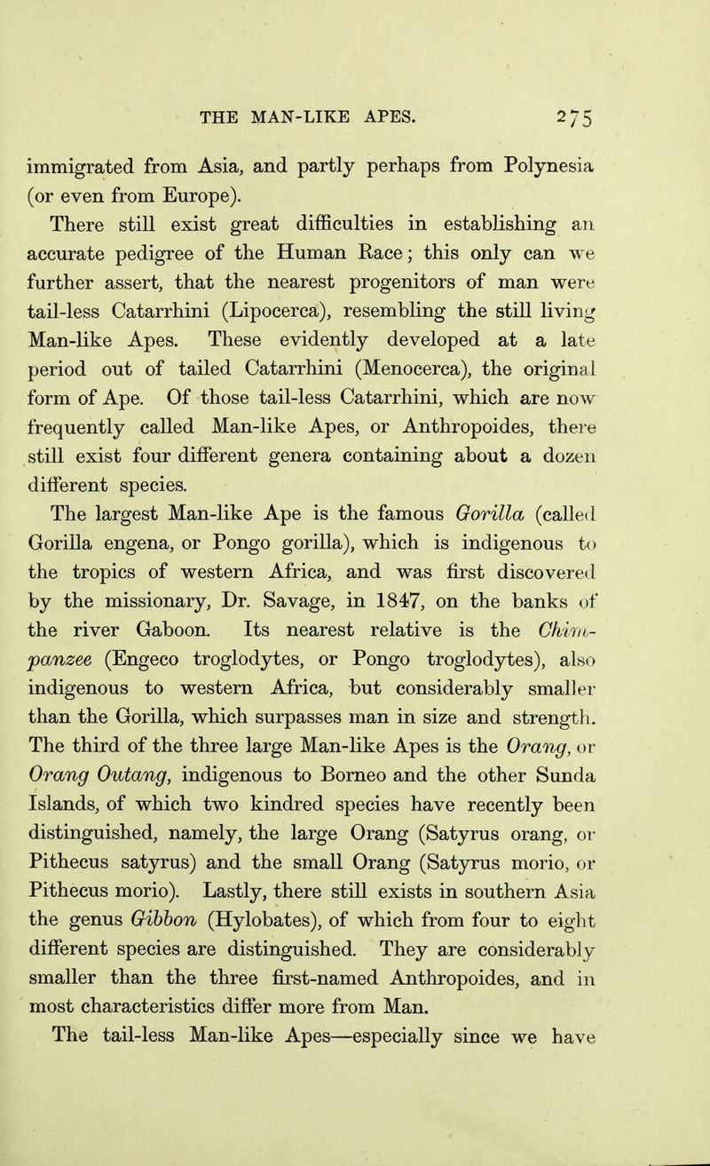 THE MAN-LIKE APES. immigrated from Asia, and partly perhaps from Polynesia (or even from Europe). There still exist great difficulties in establishing an accurate pedigree of the Human Race; this only can we further assert, that the nearest progenitors of man were tail-less Catarrhini (Lipocerca), resembling the still living Man-like Apes. These evidently developed at a late period out of tailed Catarrhini (Menocerca), the original form of Ape. Of those tail-less Catarrhini, which are now frequently called Man-like Apes, or Anthropoides, theie still exist four different genera containing about a dozen different species. The largest Man-like Ape is the famous Gorilla (called Gorilla engena, or Pongo gorilla), which is indigenous to the tropics of western Africa, and was first discovered by the missionary. Dr. Savage, in 1847, on the banks of the river Gaboon. Its nearest relative is the Ckkn- panzee (Engeco troglodytes, or Pongo troglodytes), also indigenous to western Africa, but considerably smaller than the Gorilla, which surpasses man in size and strength. The third of the three large Man-like Apes is the Orang, or Orang Outang, indigenous to Borneo and the other Sunda Islands, of which two kindred species have recently been distinguished, namely, the large Orang (Satyrus orang, or Pithecus satyrus) and the small Orang (Satyrus morio, or Pithecus morio). Lastly, there still exists in southern Asia the genus Gibbon (Hylobates), of which from four to eight different species are distinguished. They are considerably smaller than the three first-named Anthropoides, and in most characteristics differ more from Man. The tail-less Man-like Apes—especially since we have