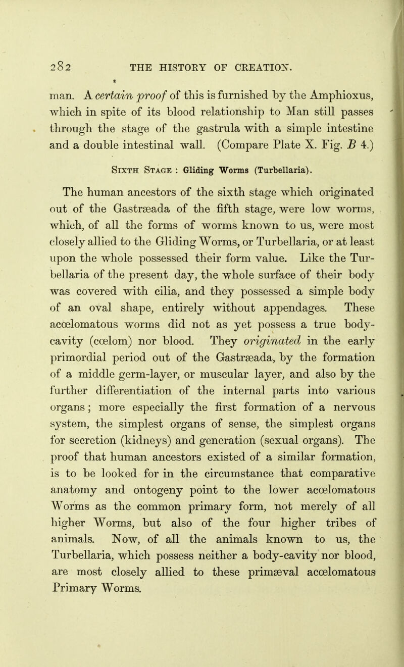 man. A certain proof of this is furnished by the Amphioxus, which in spite of its blood relationship to Man still passes through the stage of the gastrula with a simple intestine and a double intestinal wall. (Compare Plate X. Fig. B 4.) Sixth Stage : Gliding Worms (Turbellaria). The human ancestors of the sixth stage which originated out of the Gastraeada of the fifth stage, were low worms, which, of all the forms of worms known to us, were most closely allied to the Gliding Worms, or Turbellaria, or at least upon the whole possessed their form value. Like the Tur- bellaria of the present day, the whole surface of their body was covered with cilia, and they possessed a simple body of an oval shape, entirely without appendages. These acoelomatous worms did not as yet possess a true body- cavity (coelom) nor blood. They originated in the early primordial period out of the Gastrseada, by the formation of a middle germ-layer, or muscular layer, and also by the further differentiation of the internal parts into various organs; more especially the first formation of a nervous system, the simplest organs of sense, the simplest organs for secretion (kidneys) and generation (sexual organs). The proof that human ancestors existed of a similar formation, is to be looked for in the circumstance that comparative anatomy and ontogeny point to the lower acoelomatous Worms as the common primary form, not merely of all higher Worms, but also of the four higher tribes of animals. Now, of all the animals known to us, the Turbellaria, which possess neither a body-cavity nor blood, are most closely allied to these primaeval acoelomatous Primary Worms.