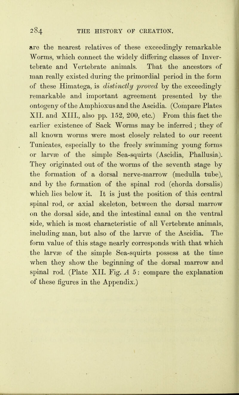 are the nearest i-elatives of these exceedingly remarkable Worms, which connect the widely differing classes of Inver- tebrate and Vertebrate animals. That the ancestors of man really existed during the primordial period in the form of these Himatega, is distinctly proved by the exceedingly remarkable and important agreement presented by the ontogeny of the Amphioxus and the Ascidia. (Compare Plates XII. and XIII., also pp. 152, 200, etc.) From this fact the earlier existence of Sack Worms may be inferred ; they of all known worms were most closely related to our recent Tunicates, especially to the freely swimming young forms or larvae of the simple Sea-squirts (Ascidia, Phallusia). They originated out of the worms of the seventh stage by the formation of a dorsal nerve-marrow (medulla tube), and by the formation of the spinal rod (chorda dorsalis) which lies below it. It is just the position of this central spinal rod, or axial skeleton, between the dorsal marrow on the dorsal side, and the intestinal canal on the ventral side, which is most characteristic of all Vertebrate animals, including man, but also of the larvae of the Ascidia. The form value of this stage nearly corresponds with that which the larvse of the simple Sea-squirts possess at the time when they show the beginning of the dorsal marrow and spinal rod. (Plate XII. Fig. A 5: compare the explanation of these figures in the Appendix.)