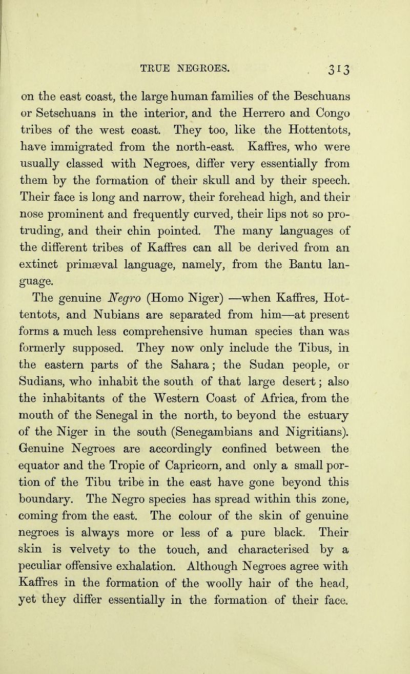 TEUE NEGROES. on the east coast, the large human families of the Beschuans or Setschuans in the interior, and the Herrero and Congo tribes of the west coast. They too, like the Hottentots, have immigrated from the north-east. KafFres, who were usually classed with Negroes, differ very essentially from them by the formation of their skull and by their speech. Their face is long and narrow, their forehead high, and their nose prominent and frequently curved, their lips not so pro- truding, and their chin pointed. The many languages of the different tribes of Kaffres can all be derived from an extinct primaeval language, namely, from the Bantu lan- guage. The genuine Negro (Homo Niger) —when Kaffres, Hot- tentots, and Nubians are separated from him—at present forms a much less comprehensive human species than was formerly supposed. They now only include the Tibus, in the eastern parts of the Sahara; the Sudan people, or Sudians, who inhabit the south of that large desert; also the inhabitants of the Western Coast of Africa, from the mouth of the Senegal in the north, to beyond the estuary of the Niger in the south (Senegambians and Nigritians). Genuine Negroes are accordingly confined between the equator and the Tropic of Capricorn, and only a small por- tion of the Tibu tribe in the east have gone beyond this boundary. The Negro species has spread within this zone, coming from the east. The colour of the skin of genuine negroes is always more or less of a pure black. Their skin is velvety to the touch, and characterised by a peculiar offensive exhalation. Although Negroes agree with Kaffres in the formation of the woolly hair of the head, yet they differ essentially in the formation of their face.