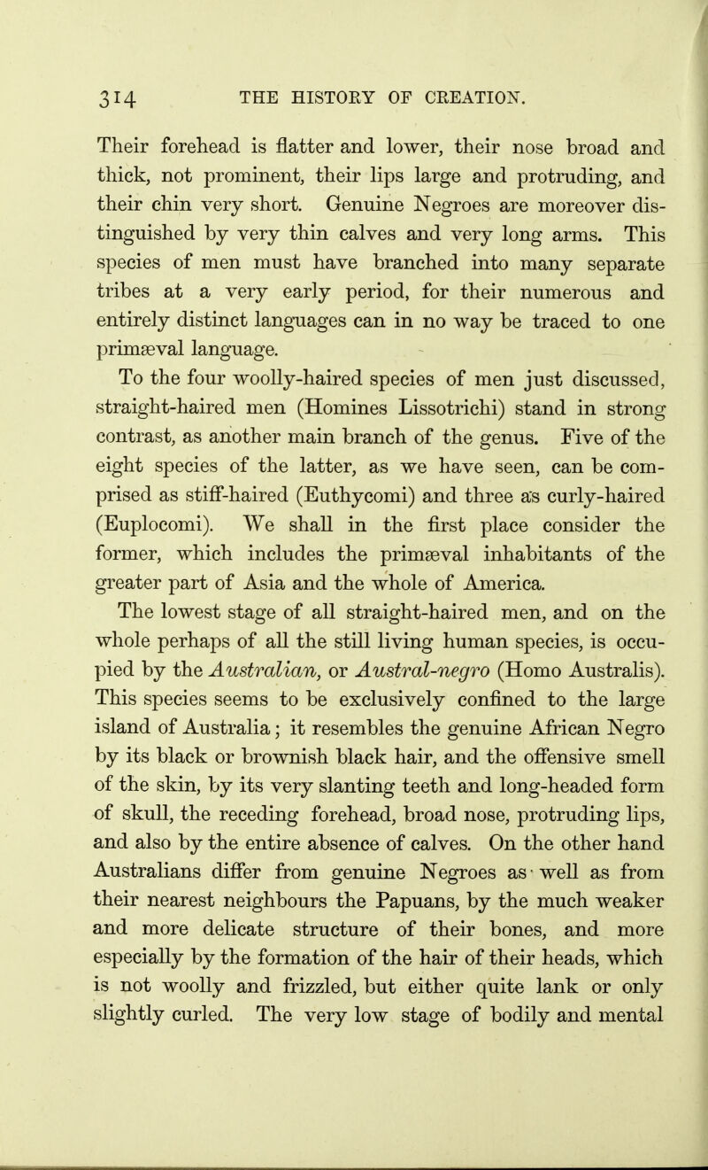 Their forehead is flatter and lower, their nose broad and thick, not prominent, their lips large and protruding, and their chin very short. Genuine Negroes are moreover dis- tinguished by very thin calves and very long arms. This species of men must have branched into many separate tribes at a very early period, for their numerous and entirely distinct languages can in no way be traced to one primaeval language. To the four woolly-haired species of men just discussed, straight-haired men (Homines Lissotrichi) stand in strong contrast, as another main branch of the genus. Five of the eight species of the latter, as we have seen, can be com- prised as stiff-haired (Euthycomi) and three as curly-haired (Euplocomi). We shall in the first place consider the former, which includes the primaeval inhabitants of the greater part of Asia and the whole of America. The lowest stage of all straight-haired men, and on the whole perhaps of all the still living human species, is occu- pied by the Australian, or Austral-negro (Homo Australis). This species seems to be exclusively confined to the large island of Australia; it resembles the genuine African Negro by its black or brownish black hair, and the offensive smell of the skin, by its very slanting teeth and long-headed form of skull, the receding forehead, broad nose, protruding lips, and also by the entire absence of calves. On the other hand Australians differ from genuine Negroes as • well as from their nearest neighbours the Papuans, by the much weaker and more delicate structure of their bones, and more especially by the formation of the hair of their heads, which is not woolly and frizzled, but either quite lank or only slightly curled. The very low stage of bodily and mental