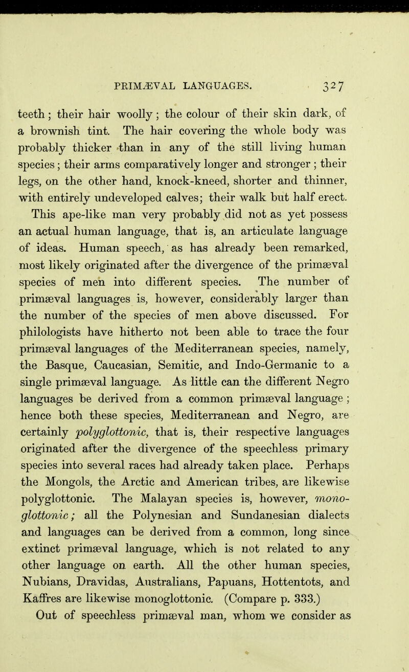 PEIM^VAL LANGUAGES. teeth; their hair woolly; the colour of their skin dark, of a brownish tint. The hair covering the whole body was probably thicker than in any of the still living human species ; their arms comparatively longer and stronger ; their legs, on the other hand, knock-kneed, shorter and thinner, with entirely undeveloped calves; their walk but half erect. This ape-like man very probably did not as yet possess an actual human language, that is, an articulate language of ideas. Human speech, as has already been remarked, most likely originated after the divergence of the primaeval species of men into different species. The number of primaeval languages is, however, considerably larger than the number of the species of men above discussed. For philologists have hitherto not been able to trace the four primaeval languages of the Mediterranean species, namely, the Basque, Caucasian, Semitic, and Indo-Germanic to a single primaeval language. As little can the different Negro languages be derived from a common primaeval language ; hence both these species, Mediterranean and Negro, are certainly polyglottonic, that is, their respective languages originated after the divergence of the speechless primary species into several races had already taken place. Perhaps the Mongols, the Arctic and American tribes, are likewise polyglottonic. The Malayan species is, however, mono- glottonic; all the Polynesian and Sundanesian dialects and languages can be derived from a common, long since extinct primaeval language, which is not related to any other language on earth. All the other human species, Nubians, Dravidas, Australians, Papuans, Hottentots, and Kaffres are likewise monoglottonic. (Compare p. 333.) Out of speechless primaeval man, whom we consider as