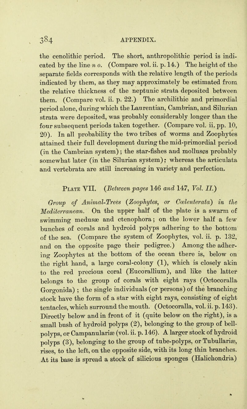 tlie cenolitliic period. Tlie short, antliropolitliic period is indi- cated by tlie line n o. (Compare vol. ii. p. 14.) The height of the separate fields corresponds with the relative length of the periods indicated by them, as they may approximately be estimated from the relative thickness of the neptunic strata deposited between them. (Compare vol. ii. p. 22.) The archilithic and primordial period alone, during which the Lanrentian, Cambrian, and Silurian strata were deposited, was probably considerably longer than the four subsequent periods taken together. (Compare vol. ii. pp. 10, 20). In all probability the two tribes of worms and Zoophytes attained their full development during the mid-primordial period (in the Cambrian system); the star-fishes and molluscs probably somewhat later (in the Silurian system); whereas the articulata and vertebrata are still increasing in variety and perfection. Plate VII. (Betvjeen pages 146 and 147, Vol. II.) Group of Animal-Tre&s (Zoophytes, or Coelenterata) in the Mediterranean. On the upper half of the plate is a swarm of swimming medusae and ctenophora; on the lower half a few bunches of corals and hydroid polyps adhering to the bottom of the sea. (Compare the system of Zoophytes, vol. ii. p. 132, and on the opposite page their pedigree.) Among the adher- ing Zoophytes at the bottom of the ocean there is, below on the right hand, a large coral-colony (1), which is closely akin to the red precious coral (Eucorallium), and like the latter belongs to the group of corals with eight rays (Octocoralla Gorgonida) ; the single individuals (or persons) of the branching stock have the form of a star with eight rays, consisting of eight tentacles, which surround the mouth. (Octocoralla, vol. ii. p. 143). Directly below and in front of it (quite below on the right), is a small bush of hydroid polyps (2), belonging to the group of bell- polyps, or Campanulariae (vol. ii. p. 146). A larger stock of hydroid polyps (3), belonging to the group of tube-polyps, or Tubullarise, rises, to the left, on the opposite side, with its long thin branches. At its base is spread a stock of silicious sponges (HaHchondria)