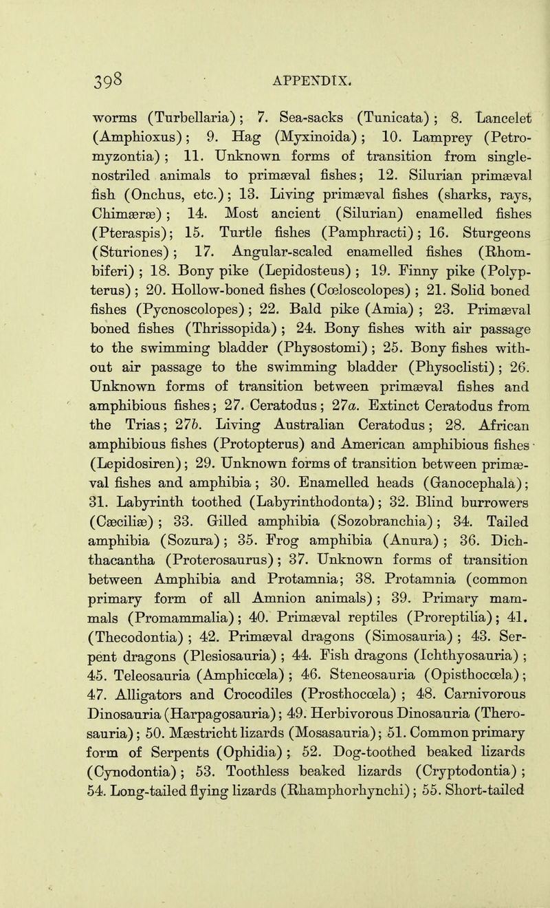worms (Turbellaria); 7. Sea-sacks (Tunicata) ; 8. Lancelet (Ampliioxus); 9. Hag (Myxinoida); 10. Lamprey (Petro- myzontia) ; 11. Unknown forms of transition from single- nostriled animals to primaeval fishes; 12. Silurian primeval fish (Onchus, etc.); 13. Living primaaval fishes (sharks, rays, Chimserse) ; 14. Most ancient (Silurian) enamelled fishes (Pteraspis); 15. Turtle fishes (Pamphracti); 16. Sturgeons (Sturiones); 17. Angular-scaled enamelled fishes (Rhom- biferi) ; 18. Bony pike (Lepidosteus) ; 19. Finny pike (Polyp- terus) ; 20. Hollow-boned fishes (Coeloscolopes) ; 21. Solid boned fishes (Pycnoscolopes); 22. Bald pike (Amia) ; 23. Primeval boned fishes (Thrissopida) ; 24. Bony fishes with air passage to the swimming bladder (Physostomi) ; 25. Bony fishes with- out air passage to the swimming bladder (Physoclisti); 26. Unknown forms of transition between primaeval fishes and amphibious fishes; 27. Ceratodus; 27<x. Extinct Oeratodus from the Trias; 276. Living Australian Ceratodus; 28. African amphibious fishes (Protopterus) and American amphibious fishes • (Lepidosiren); 29. Unknown forms of transition between primae- val fishes and amphibia; 30. Enamelled heads (Ganocephala); 31. Labyrinth toothed (Labyrinthodonta); 32. Blind burrowers (Caeciliae) ; 33. Gilled amphibia (Sozobranchia); 34. Tailed amphibia (Sozura); 35. Frog amphibia (Anura) ; 36. Dich- thacantha (Proterosaurus); 37. Unknown forms of transition between Amphibia and Protamnia; 38. Protamnia (common primary form of all Amnion animals); 39. Primary mam- mals (Promammalia); 40. Primaeval reptiles (Proreptilia); 41. (Thecodontia) ; 42. Primaeval dragons (Simosauria) ; 43. Ser- pent dragons (Plesiosauria) ; 44. Fish dragons (Ichthyosauria) ; 45. Teleosauria (Amphicoela) ; 46. Steneosauria (Opisthocoela); 47. Alligators and Crocodiles (Prosthocoela) ; 48. Carnivorous Dinosauria (Harpagosauria); 49. Herbivorous Dinosauria (Thero- sauria); 50. Maestricht lizards (Mosasauria); 51. Common primary form of Serpents (Ophidia) ; 52. Dog-toothed beaked lizards (Cynodontia); 53. Toothless beaked lizards (Cryptodontia) ; 54. Long-tailed flying lizards (Rhamphorhynchi); 55. Short-tailed