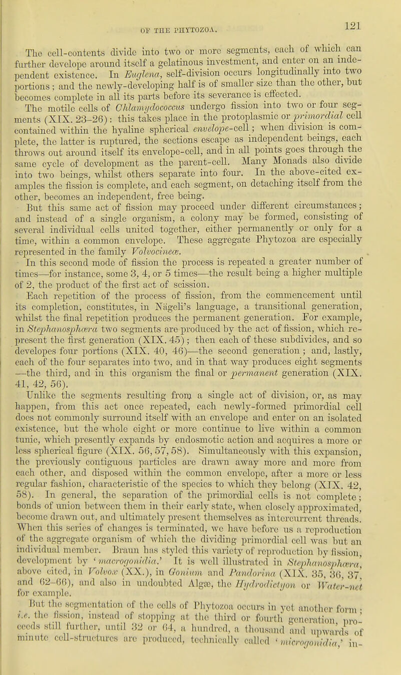 OV TUTS, I'HYTOZOA. Tho cell-contents divide into two or more segments, each of wlucli can further develope aroimd itself a gelatinous investment, and enter on an inde- pendent existence. In Euglena, self-division occurs longitudmaUy into two portions ; mu\ the newly-developing half is of smaller size than the other, but becomes complete in aU its parts before its severance is effected. The motUe ceUs of Chlami/dococcus undergo fission into two or foiu- seg- ments (XIX. 23-26): this takes place in the protoplasmic or primordial cell contained within the hyaline spherical envelope-aeVL; when division is com- plete, the latter is ruptm-ed, the sections escape as independent beings, each throws out around itself its envelope-ceU, and in aU points goes thi'ough the same cycle of development as the parent-ceU. Many Monads also divide into two beings, whilst others separate into four. In the above-cited ex- amples the fission is complete, and each segment, on detaching itself fi-om the other, becomes an independent, free being. But this same act of fission may proceed under different circumstances; and instead of a single organism, a colony may be formed, consisting of several individual ceUs imited together, either permanently or only for a time, within a common envelope. These aggregate Phytozoa are especially represented in the family Volvocinece. ■ In this second mode of fission the process is repeated a greater number of times—for instance, some 3, 4, or 5 times—the result being a higher multiple of 2, the product of the first act of scission. Each repetition of the process of fission, from the commencement until its completion, constitutes, in Niigeli's language, a transitional generation, whilst the final repetition produces the permanent generation. For example, in Ste/plianosplmra two segments are produced by the act of fission, Avhich re- present the first generation (XIX. 45); then each of these subdivides, and so developes four portions (XIX. 40, 46)—^the second generation ; and, lastly, each of the foiu- separates into two, and in that way produces eight segments —the third, and in this organism the final or permanent generation (XIX. 41, 42, 56). Unlike the segments resulting fronj a single act of division, or, as may happen, fi-om this act once repeated, each newly-formed j)rimordial cell does not commonly surround itself with an enveloiDe and enter on an isolated existence, but the whole eight or more continue to live within a common tunic, which presently expands by endosmotic action and acquires a more or less spherical figui-e (XIX. 56, 57, 58). Simiiltaneoiisly with tliis expansion, the previously contiguous particles are di'awn away more and more from each other, and disposed within the common envelope, after a more or less regular fashion, characteristic of the species to which they belong (XIX. 42, 58). In general, the separation of the primordial ccUs is not complete; bonds of union between them in theii early state, when closely approximated, become di-avvn out, and ultimately present tlicmselves as interciu-ront threads. WTicn tliis series of changes is terminated, we have before us a reproduction of the aggregate organism of Avhich the dividing primordial coU -\vas but an individual member, development above cited, \ and 02-66), and also in undoubted Algas, the HiidrodkUjon or Water-net for example. But the segmentation of the ceUs of Tlivtozoa occurs in yet another form • I.e. the tission, instead of stopi)ing at the third or fourth generation Dro' cecds still further, until 32 or 64, a hundred, a thousiind and upwirds of mmuto coU-stnicturcs arc produced, tcchnicaUy called ' mkrogonidia ' in c aggregate organism oi Avnicii tne cimcling primordial coU was but an idual member. Braim has styled this variety of reproduction l)y fission opmont by ' macrocjoiudia.' It is well illustrated in Stephan'mphara', ! cited, in Volvox (XX.), in Gonium and Fandorina (XIX. 35, 36 St'