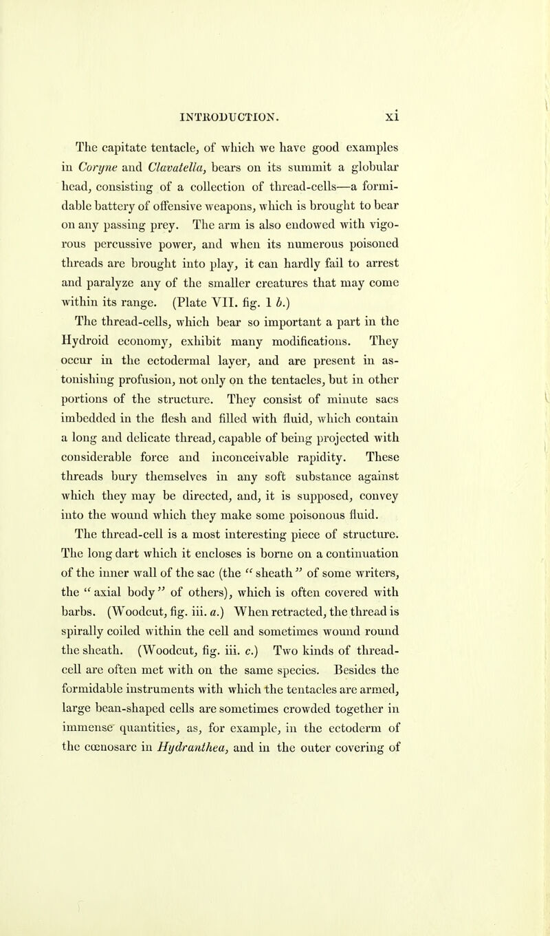 The capitate tentacle^ of which we have good examples iu Coryne aud Clavatella, bears on its summit a globular head, consisting of a collection of thread-cells—a formi- dable battery of offensive weapons, which is brought to bear on any passing prey. The arm is also endowed with vigo- rous percussive power, and when its numerous poisoned threads are brought into play, it can hardly fail to arrest and paralyze any of the smaller creatures that may come within its range. (Plate VII. fig. 1 b.) The thread-cells, which bear so important a part in the Hydroid economy, exhibit many modifications. They occur in the ectodermal layer, and are present in as- tonishing profusion, not only on the tentacles, but in other portions of the structure. They consist of minute sacs imbedded in the flesh and fiUed with fluid, which contain a long and delicate thread, capable of being projected with considerable force and inconceivable rapidity. These threads buiy themselves in any soft substance against which they may be directed, and, it is supposed, convey into the wound which they make some poisonous fluid. The thread-cell is a most interesting piece of structure. The long dart which it encloses is borne on a continuation of the inner wall of the sac (the  sheath  of some writers, the axial body of others), which is often covered with barbs. (Woodcut, fig. iii. c.) When retracted, the thread is spirally coiled within the cell and sometimes wound round the sheath. (Woodcut, fig. iii. c.) Two kinds of thread- cell are often met with on the same species. Besides the formidable instruments with which the tentacles are armed, large bean-shaped cells are sometimes crowded together in immense quantities, as, for example, in the ectoderm of the coeuosarc in Hydranthea, and in the outer covering of