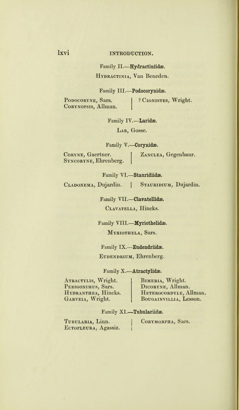 PoDocoRYNE, Sars. CoRYNOPsis, Allman Family II.—Hydractiniidae. Hydractinia, Van Beneden. Family III.—Podocorynidse. ? CioNiSTES, Wright. Family IV.—LaridaB. Lak, Gosse. Family V.—CorynidsB. CoRYNE, Gaertner. Syncoryne, Ehrenberg. ZancleAj Gegeiibaiir. Family VI.—StauridiidsB. CiiADONEMA, Dujardin. [ Stauridium, Dujardin. Family VII.—Clavatellidae. Clavatella, Hincks. Family VIII.—Myriothelidae. Myriothela, Sars. Family IX.—Eudendriidae. Eudendrium, Ehrenberg. Family X.—Atractylidae. Atractylis, Wright. Perigonimus, Sars. Hydranthea, Hincks. Garveia, Wright. Bimeria, Wright. DicoRYNE, Allman. Heterocordyle, Allman. BouGAiNviLLiA, Lesson. Family XI.—Tubulariidse. Tubularia, Linn. | Corymorpha, Sars. EcTOPLEURA; Agassiz. I