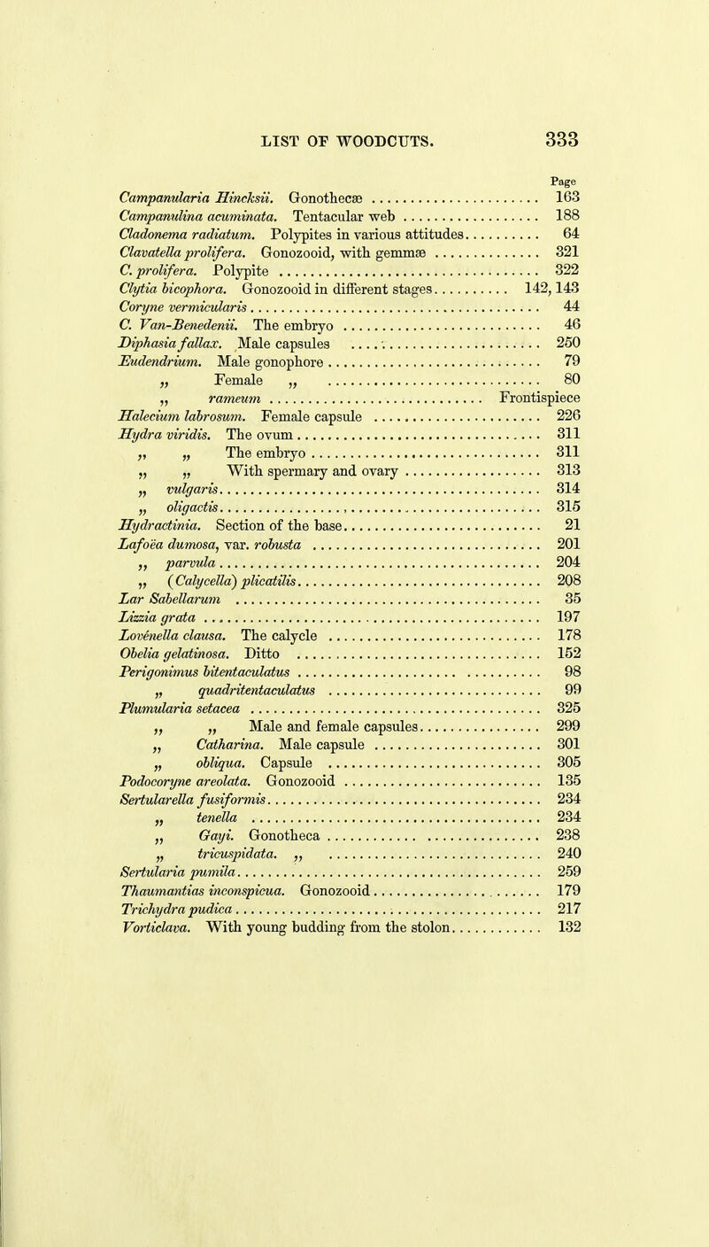 Page Campanularia Hincksii. Gonothec38 163 Campanulina acuminata. Tentacular web 188 Cladonema radiatum, Polypites in various attitudes 64 Clavatella prolifera. Gonozooid, with gemmae 321 C.prolifera. Polypite 322 Clytia hicophora. Gonozooid in different stages 142,143 Coryne vermicularis 44 C. Van-Benedenii. The embryo 46 Diphasia fallax. Male capsules 250 Eudendrium. Male gonophore 79 „ Female „ 80 rameum Frontispiece Sahcium Idbrosum. Female capsule 226 Hydra viridis. The ovum 311 „ The embryo 311 „ With spermary and ovary 313 „ vulgaris 314 „ oligactis 315 Sydractinia. Section of the base 21 Lafo'ea dumosa, var. rohusta 201 parvula 204 „ (Calycella) plicatilis 208 Lar Sdbellarwn 35 Lizzia grata 197 Lovenella clausa. The calycle 178 Obelia gelatinosa. Ditto 152 Perigmimus hitentaculatus 98 „ quadritentaculatus 99 Plumularia setacea 325 „ „ Male and female capsules 299 Catharina. Male capsule 301 „ ohliqua. Capsule 305 Podocoryne areolata. Gonozooid 135 Sertularella fusiformis 234 „ tenella 234 Gayi. Gonotheca 238 „ tricuspidata. 240 Sertularia puniila 259 Thaumantias inconspicua. Gonozooid 179 Trichydra pudica 217 Vorticlava. With young budding from the stolon 132