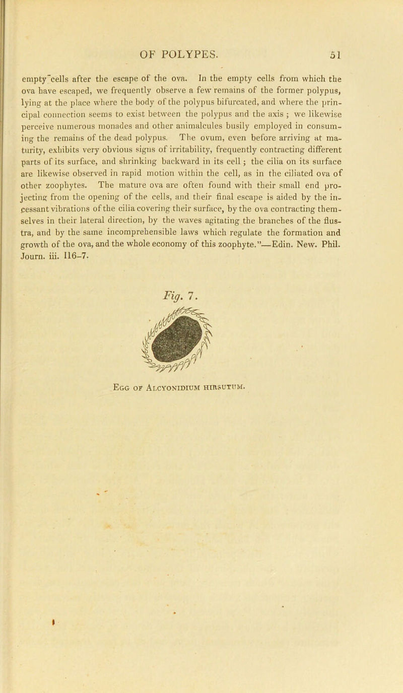 enipty'cells after the escape of the ova. In the empty cells from which the ova have escaped, vve frequently observe a few remains of the former polypus, lying at the place where the body of the polypus bifurcated, and where the prin- cipal connection seems to exist between the polypus and the axis ; we likewise perceive numerous monades and other animalcules busily employed in consum- ing the remains of the dead polypus. The ovum, even before arriving at ma- turity, exhibits very obvious signs of irritability, frequently contracting different parts of its surface, and shrinking backward in its cell; the cilia on its surface are likewise observed in rapid motion within the cell, as in the ciliated ova of other zoophytes. The mature ova are often found with their small end pro- jecting from the opening of the cells, and their final escape is aided by the in- cessant vibrations of the cilia covering their surface, by the ova contracting them- selves in their lateral direction, by the waves agitating the branches of the flus- tra, and by the same incomprehensible laws which regulate the formation and growth of the ova, and the whole economy of this zoophyte.”—Edin. New. Phil. Journ. iii. 116-7. I