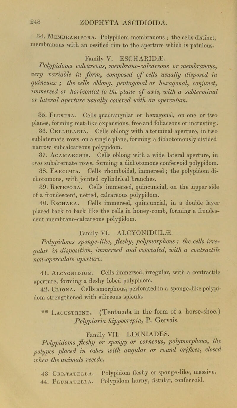 34. Membranipora. Polypidom membranous ; the cells distinct, membranous with an ossified rim to the aperture w'hich is patulous. Family V. ESCHARID^. Polypidoms calcareous^ membrano-calcareous or membranous^ very variable in form, composed of cells usually disposed in quincunx ; the cells oblong, pentagonal or hexagonal, conjunct, immersed or horizontal to the plane of axis, with a subterminal or lateral aperture usually covered with an operculum. 35. Flustra. Cells quadrangular or hexagonal, on one or two planes, forming mat-like expansions, free and foliaceous or incrusting. 36. Cellularia. Cells oblong with a terminal aperture, in two sublaternate rows on a single plane, forming a dichotomously divided narrow subcalcareous polypidom. 37. Acamarchis. Cells oblong with a wide lateral aperture, in tw'o subalternate rows, forming a dichotomous confervoid polypidom. 38. Farcimia. Cells rhomboidal, immersed ; the polypidom di- chotomous, with jointed cylindrical branches. 39. Retepora. Cells immersed, qnincuncial, on the Jipper side of a froudescent, netted, calcareous polypidom. 40. Eschara. Cells immersed, quincuncial, in a double layer placed back to back like the cells in honey-comb, forming a frondes- cent membrano-calcareous polypidom. Family VI. ALCYONIDULiE. Polypidoms spongedihe, fleshy, polymorphous ; the cells irre- gular in disposition, immersed and concealed, with a contractile non-operculate aperture. 41. Alcyonidium. Cells immersed, irregular, with a contractile aperture, forming a fleshy lobed polypidom. 42. Cliona. Cells amorphous, perforated in a sponge-like polypi- dom strengthened with siliceous spicula. ** Lacustrine. (Tentacula in the form of a horse-shoe.) Polypiaria hippocrepia, P. Gervais- Family VII. LIMNIADES. Polypidoms fleshy or spongy or corneous, polymorphous, the polypes placed in tubes with angular or round orifices, closed when the animals recede. 43 Cristatella. Polypidom fleshy or sponge-like, massive. 44. Plumatella. Polypidom horny, fistular, confervoid.