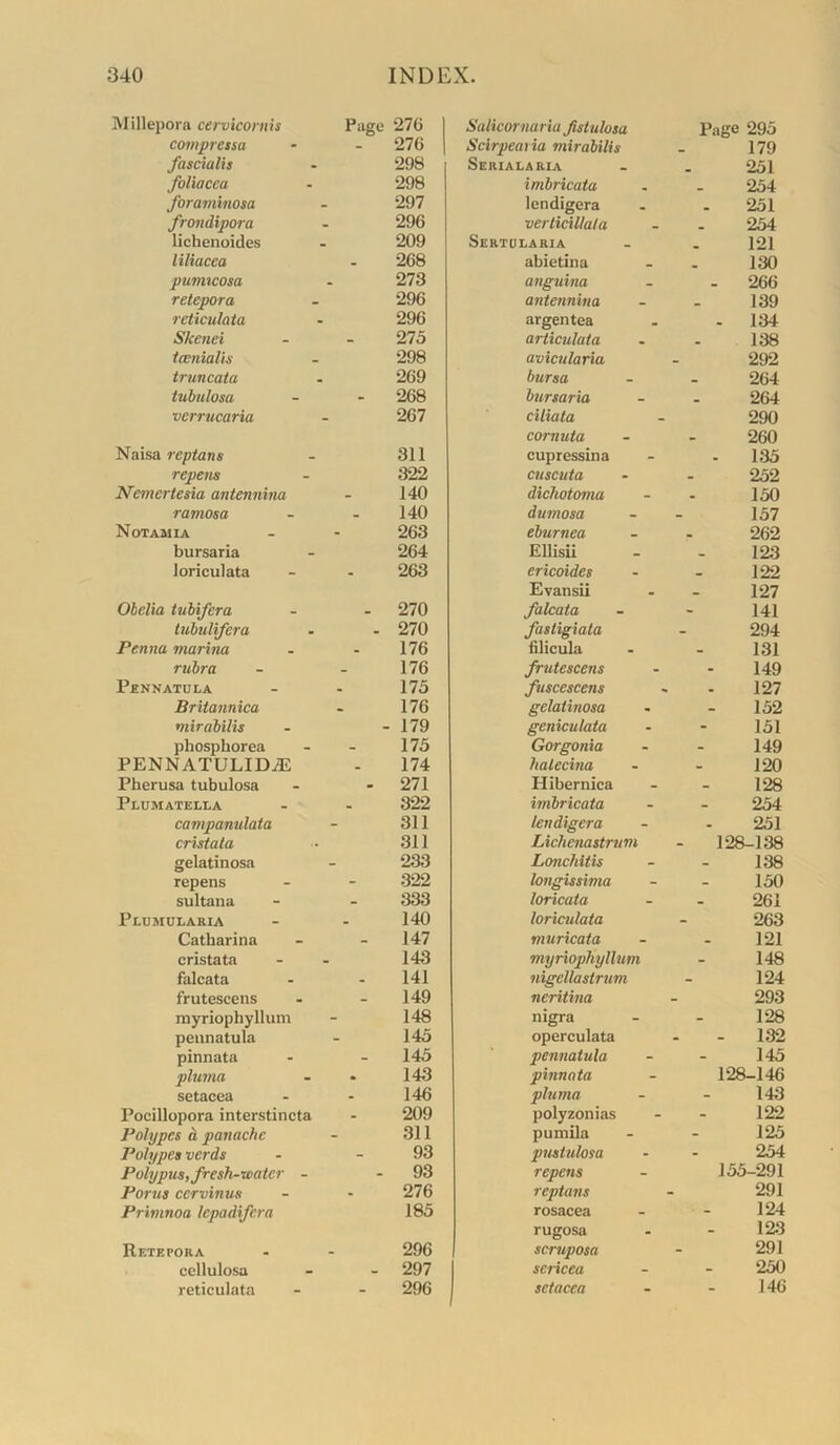 INIillepora cervicornis Page 276 1 Salicornaria fstulosa Page 295 compretsa - 276 1 Scirpearia mirabilis 179 fascialis 298 Serialaria 251 foliacca 298 imbricata 254 foraminosa 297 lendigera 251 froiidipora 296 verticillata 254 lichenoides 209 Sertularia 121 liliacea 268 abietina 130 pumtcosa 273 anguina - 266 relepora 296 antennina 139 reticulata 296 argentea - 134 Skenci - 275 articulata 138 tcenialis 298 avicularia 292 truncata 269 bursa 264 tuhulosa - 268 bursaria 264 verrticaria 267 ciliata cornuta 290 260 Naisa reptans 311 cupressina - 135 repens 322 cuscuta 252 Nemertesia antennina _ 140 dichotoma 150 ramosa _ 140 dumosa 157 Notamia 263 eburnea 262 bursaria 264 Ellisii 123 loriculata - 263 ericoides Evansii 122 127 Obelia tuhifera - 270 falcata 141 tubulifera - 270 fastigiata 294 Penna marina . 176 filicula 131 rubra _ 176 frutescens 149 Pennatula 175 fuscescens 127 Britannica 176 gelatinosa 152 mirabilis 179 geniculata 151 phosphorea - 175 Gorgonia 149 PENNATULIDiE . 174 halecina 120 Pherusa tubulosa • 271 Hibernica 128 Plumatella 322 imbricata 254 campanulata 311 lendigera 251 cristata 311 Lichenastrtim - 128-138 gelatinosa 233 Lonchitls 138 repens - 322 longissima 150 sultana 333 loricata 261 Plumularia . 140 loriculata 263 Catharina 147 muricata 121 cristata 143 myriophyllum 148 falcata - 141 nigellastrum 124 frutescens - 149 neritina 293 myriophyllum 148 nigra 128 pennatula 145 operculata - 132 pinnata - 145 pennatula 145 pluma 143 pinnata 128-146 setacea - 146 pluma 143 Pocillopora interstincta - 209 polyzonias 122 Polypes a patiache 311 pumila 125 Polypes verds - 93 pustulosa 254 Polypus,fresh-water - - 93 repens 155-291 Portis eervinus - 276 reptans 291 Primnoa lepadifera 185 rosacea rugosa 124 123 Retepora 296 scruposa 291 cellulosu - 297 sericea 250 reticulata - 296 setaeea 146