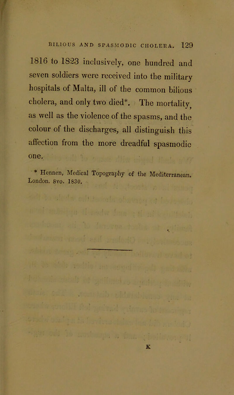1816 to 1S23 inclusively, one hundred and seven soldiers were received into the military hospitals of Malta, ill of the common bilious cholera, and only two died*. The mortality as well as the violence of the spasms, and the colour of the discharges, all distinguish this affection from the more dreadful spasmodic one. * Hennen, Medical Topography of the Mediterranean. London. 8vo. 1830. K