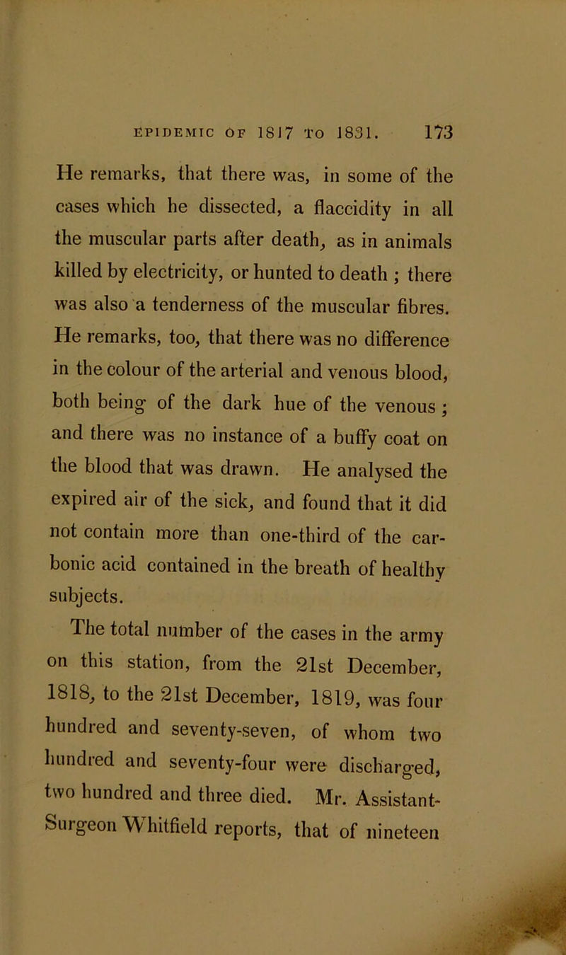 He remarks, that there was, in some of the cases which he dissected, a fiaccidity in all the muscular parts after death, as in animals killed by electricity, or hunted to death ; there was also a tenderness of the muscular fibres. He remarks, too, that there was no difference in the colour of the arterial and venous blood, both being- of the dark hue of the venous ; and there was no instance of a buffy coat on the blood that was drawn. He analysed the expired air of the sick, and found that it did not contain more than one-third of the car- bonic acid contained in the breath of healthy subjects. The total number of the cases in the army on this station, from the 21st December, ISIS, to the 21st December, 1819, was four hundred and seventy-seven, of whom two hundred and seventy-four were discharged, two hundred and three died. Mr. Assistant- Surgeon Whitfield reports, that of nineteen