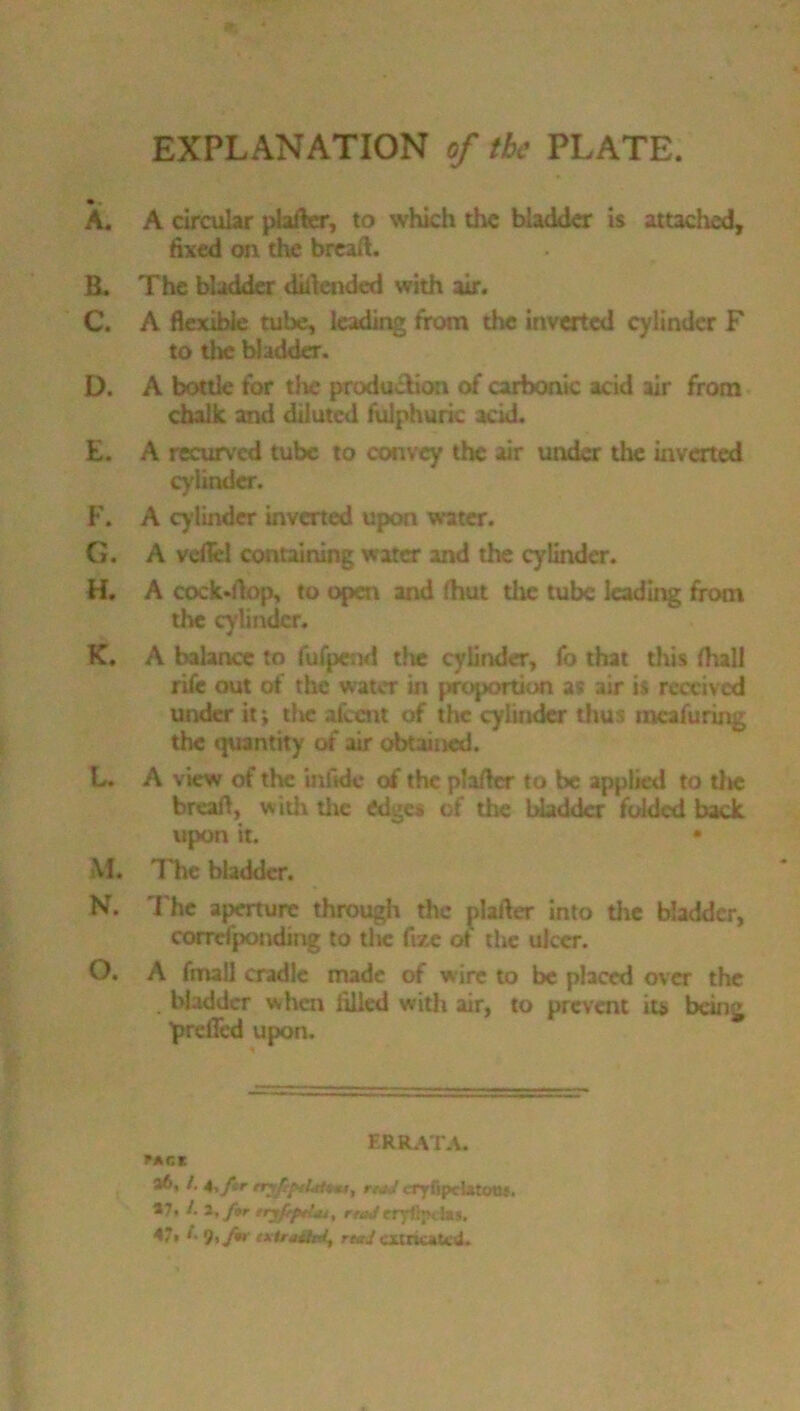 p p* EXPLANATION of the PLATE. • » A. A circular plafler, to which the bladder is attached, fixed on the bread. The bladder diflended with air. A flexible tube, leading from the inverted cylinder F to the bladder. D. A bottle for the production of carbonic acid air from chalk and diluted fulphuric acid. E. A recurved tube to convey the air under the inverted cylinder. F. A cylinder inverted upon water. G. A vefiel containing water and the cylinder. H. A cock-flop, to open and (hut the tube leading from the cylinder. K. A balance to fuJjpcnd the cylinder, fo that this (hall rife out of the water in proportion as air is received under it; the afeent of the cylinder thus mcafuring the quantity of air obtained. L. A view of the infide of the plafler to be applied to the breafl, with live edges of the bladder folded back upon it. • M. The bladder. N. The aperture through the plafler into the bladder, correfponding to the fize of the ulcer. O. A fmall cradle made of wire to be placed over the . bladder when filled with air, to prevent iu» being iprefled upon. frrat.v. MCI l. i'fer rryff/Ltftnu, rtjJ cryfipdatott}, *7, /. 2, for eryfrpttdj, rtaJ rryti;>< las. 47* *■ 9,/« txlrdtM, extricated.