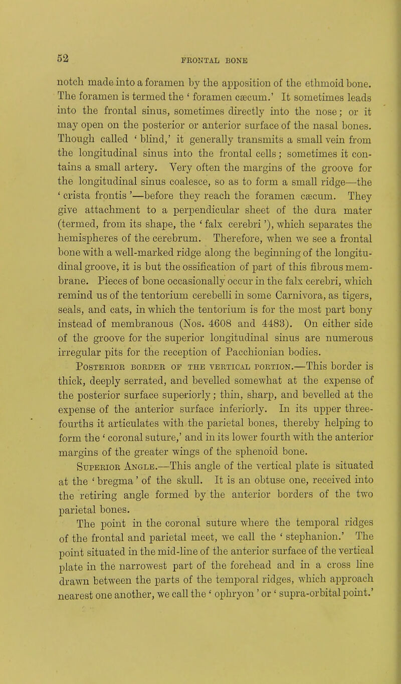 notch made into a foramen by the apposition of the ethmoid bone. The foramen is termed the ‘ foramen csecum.’ It sometimes leads into the frontal sinus, sometimes directly into the nose; or it may open on the posterior or anterior surface of the nasal bones. Though called ‘blind,’ it generally transmits a small vein from the longitudinal sinus into the frontal cells; sometimes it con- tains a small artery. Very often the margins of the groove for the longitudinal sinus coalesce, so as to form a small ridge—the ‘ crista frontis ’—before they reach the foramen csecum. They give attachment to a perpendicular sheet of the dura mater (termed, from its shape, the ‘ falx cerebri ’), which separates the hemispheres of the cerebrum. Therefore, when we see a frontal bone with a well-marked ridge along the beginning of the longitu- dinal groove, it is but the ossification of part of this fibrous mem- brane. Pieces of bone occasionally occur in the falx cerebri, which remind us of the tentorium cerebelli in some Carnivora, as tigers, seals, and cats, in which the tentorium is for the most part bony instead of membranous (Nos. 4608 and 4488). On either side of the groove for the superior longitudinal sinus are numerous irregular pits for the reception of Pacchionian bodies. Posterior border of the vertical portion.—This border is thick, deeply serrated, and bevelled somewhat at the expense of the posterior surface superiorly; thin, sharp, and bevelled at the expense of the anterior surface inferiorly. In its upper three- fourths it articulates with the parietal bones, thereby helping to form the ‘ coronal suture,’ and in its lower fourth with the anterior margins of the greater wings of the sphenoid bone. Superior Angle.—This angle of the vertical plate is situated at the ‘ bregma ’ of the skull. It is an obtuse one, received into the retiring angle formed by the anterior borders of the two parietal bones. The point in the coronal suture where the temporal ridges of the frontal and parietal meet, we call the ‘ stephanion.’ The point situated in the mid-line of the anterior surface of the vertical plate in the narrowest part of the forehead and in a cross line drawn between the parts of the temporal ridges, which approach nearest one another, we call the ‘ opliryon ’ or « supra-orbital point.’