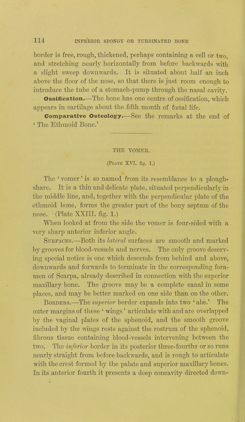 border is free, rough, thickened, perhaps containing a cell or two, and stretching nearly horizontally from before backwards with a slight sweep downwards. It is situated about half an inch above the floor of the nose, so that there is just room enough to introduce the tube of a stomach-pump through the nasal cavity. Ossification.—The bone has one centre of ossification, which appears in cartilage about the fifth month of fcetal life. Comparative Osteoiog-y.—See the remarks at the end of ‘ The Ethmoid Bone.’ THE VOMER. (Plate XVI. fig. 1.) The ‘ vomer ’ is so named from its resemblance to a plough- share. It is a thin and delicate plate, situated perpendicularly in the middle line, and, together with the perpendicular plate of the ethmoid bone, forms the greater part of the bony septum of the nose. (Plate XXIII. fig. 1.) When looked at from the side the vomer is four-sided with a very sharp anterior inferior angle. Surfaces.—Both its lateral surfaces are smooth and marked by grooves for blood-vessels and nerves. The only groove deserv- ing special notice is one which descends from behind and above, downwards and forwards to terminate in the corresponding fora- men of Scarpa, already described in connection with the superior maxillary bone. The groove may be a complete canal in some places, and may be better marked on one side than on the other. Borders.—The superior border expands into two ‘ alae.’ The outer margins of these £ wings ’ articulate with and are overlapped by the vaginal plates of the sphenoid, and the smooth groove included by the wings rests against the rostrum of the sphenoid, fibrous tissue containing blood-vessels intervening between the two. The inferior border in its posterior three-fourths or so runs nearly straight from before backwards, and is rough to articulate with the crest formed by the palate and superior maxillary bones. In its anterior fourth it presents a deep concavity directed down-