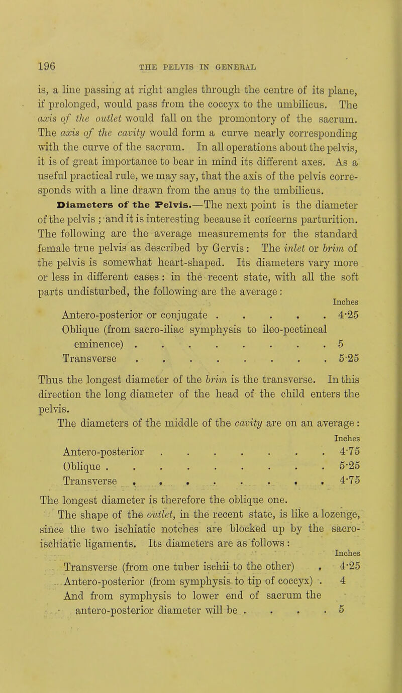 is, a line passing at right angles through the centre of its plane, if prolonged, would pass from the coccyx to the umbilicus. The axis of the outlet would fall on the promontory of the sacrum. The axis of the cavity would form a curve nearly corresponding with the curve of the sacrum. In all operations about the pelvis, it is of great importance to bear in mind its different axes. As a useful practical rule, we may say, that the axis of the pelvis corre- sponds with a line drawn from the anus to the umbilicus. Diameters of the Pelvis.—The next point is the diameter of the pelvis pandit is interesting because it concerns parturition. The following are the average measurements for the standard female true pelvis as described by Gervis: The inlet or brim of the pelvis is somewhat heart-shaped. Its diameters vary more or less in different cases: in the recent state, with all the soft parts undisturbed, the following are the average: Inches Antero-posterior or conjugate ..... 4-25 Oblique (from sacro-iliac symphysis to ileo-pectineal eminence) ........ 5 Transverse ........ 5'25 Thus the longest diameter of the brim is the transverse. In this direction the long diameter of the head of the child enters the pelvis. The diameters of the middle of the cavity are on an average: Inches Antero-posterior . . . . . . . 4'75 Oblique ......... 5'25 Transverse . . . . . . . .4-75 The longest diameter is therefore the oblique one. The shape of the outlet, in the recent state, is like a lozenge, since the two ischiatic notches are blocked up by the sacro- ischiatic ligaments. Its diameters are as follows : Inches Transverse (from one tuber ischii to the other) , 4*25 . Antero-posterior (from symphysis to tip of coccyx) . 4 And from symphysis to lower end of sacrum the antero-posterior diameter will be . . . .5