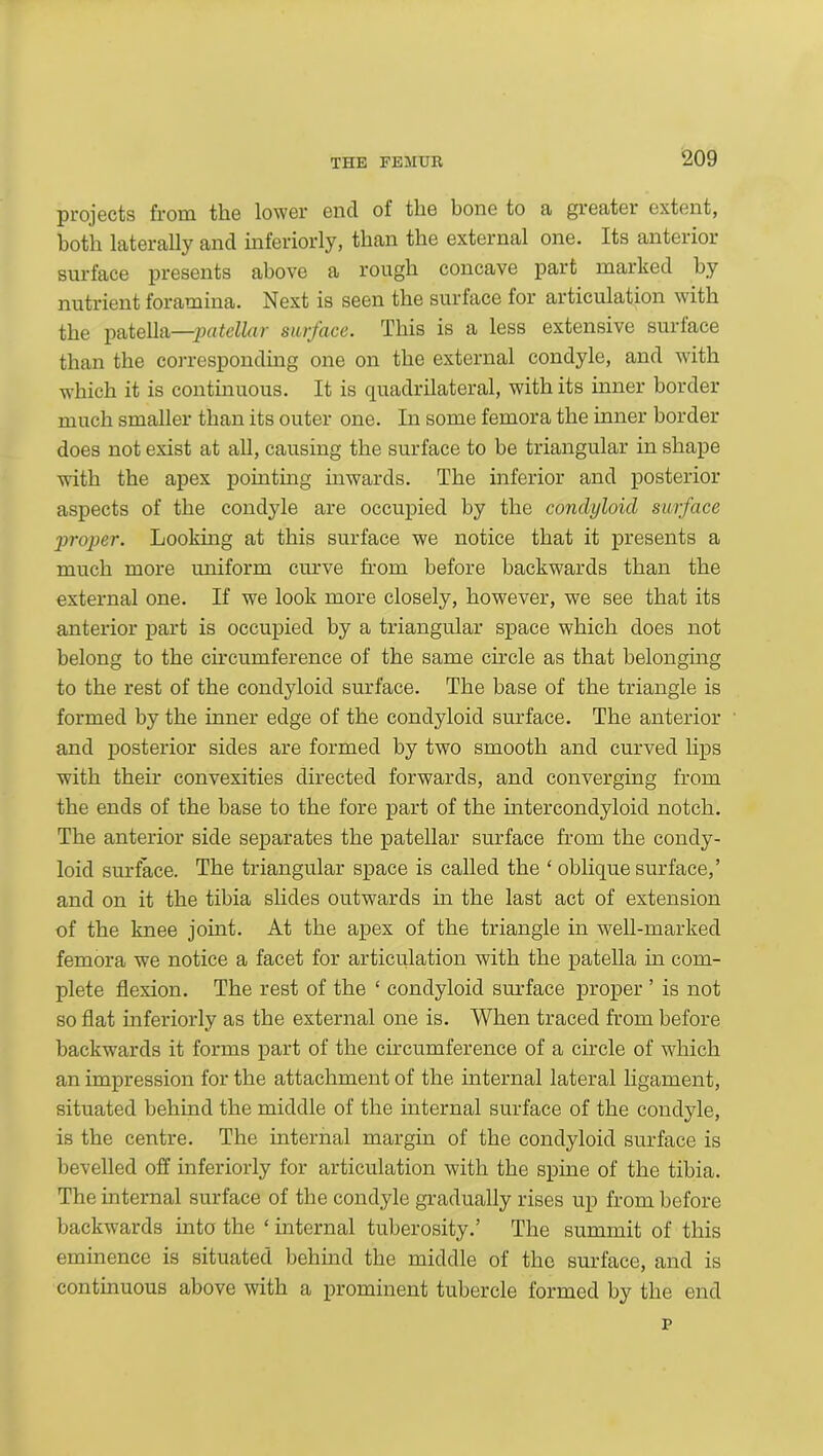 projects from the lower encl ol the bone to a greater extent, both laterally and interiorly, than the external one. Its anterior surface presents above a rough concave part marked by nutrient foramina. Next is seen the surface for articulation with the patella—patellar surface. This is a less extensive surface than the corresponding one on the external condyle, and with which it is continuous. It is quadrilateral, with its inner border much smaller than its outer one. In some femora the inner border does not exist at all, causing the surface to be triangular in shape with the apex pointing inwards. The inferior and posterior aspects of the condyle are occupied by the condyloid surface proper. Looking at this surface we notice that it presents a much more uniform curve from before backwards than the external one. If we look more closely, however, we see that its anterior part is occupied by a triangular space which does not belong to the circumference of the same circle as that belonging to the rest of the condyloid surface. The base of the triangle is formed by the inner edge of the condyloid surface. The anterior and posterior sides are formed by two smooth and curved lips with their convexities directed forwards, and converging from the ends of the base to the fore part of the intercondyloid notch. The anterior side separates the patellar surface from the condy- loid surface. The triangular space is called the 4 oblique surface,’ and on it the tibia slides outwards in the last act of extension of the knee joint. At the apex of the triangle in well-marked femora we notice a facet for articulation with the patella in com- plete flexion. The rest of the 4 condyloid surface proper ’ is not so flat interiorly as the external one is. When traced from before backwards it forms part of the circumference of a circle of which an impression for the attachment of the internal lateral ligament, situated behind the middle of the internal surface of the condyle, is the centre. The internal margin of the condyloid surface is bevelled off interiorly for articulation with the spine of the tibia. The internal surface of the condyle gradually rises up from before backwards into the 4 internal tuberosity.’ The summit of this eminence is situated behind the middle of the surface, and is continuous above with a prominent tubercle formed by the end p