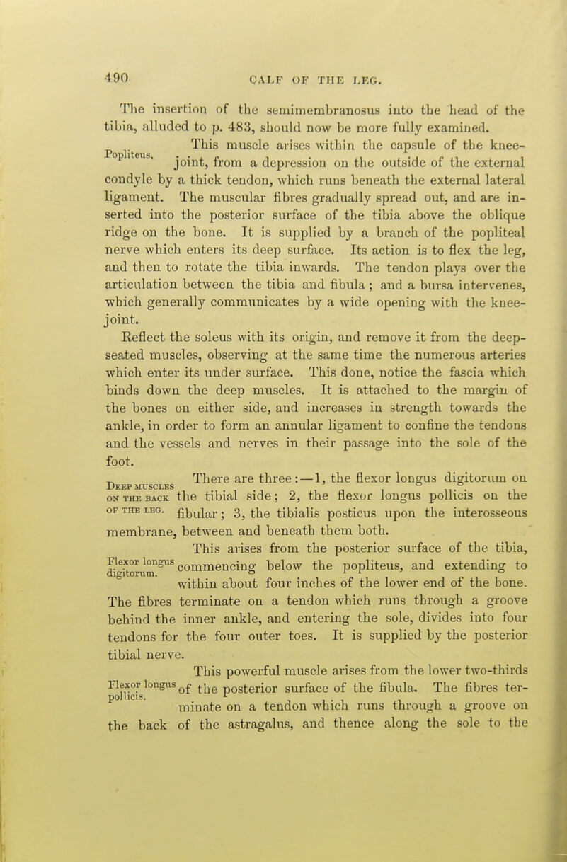 The insertion of the semimembranosus into the head of the tibia, alluded to p. 483, should now be more fully examined. This muscle arises within the capsule of the knee- joint, from a depression on the outside of the external condyle by a thick tendon, which runs beneath the external lateral ligament. The muscular fibres gradually spread out, and are in- serted into the posterior surface of the tibia above the oblique ridge on the bone. It is supplied by a branch of the popliteal nerve which enters its deep surface. Its action is to flex the leg, and then to rotate the tibia inwards. The tendon plays over the articulation between the tibia and fibula ; and a bursa intervenes, which generally communicates by a wide opening with the knee- joint. Eeflect the soleus with its origin, and remove it from the deep- seated muscles, observing at the same time the numerous arteries which enter its under surface. This done, notice the fascia which binds down the deep muscles. It is attached to the margin of the bones on either side, and increases in strength towards the ankle, in order to form an annular ligament to confine the tendons and the vessels and nerves in their passage into the sole of the foot. ^ There are three:—1, the flexor longus digitorum on Deep MUSCLES . ON THE BACK the tibial side; 2, the flexor Jongus pollicis on the OF THE LEG. fj^i3^|aj.. 3^ ^he tlblalis posticus upon the interosseous membrane, between and beneath them both. This arises from the posterior surface of the tibia, commencing below the popliteus, and extending to within about four inches of the lower end of the bone. The fibres terminate on a tendon which runs through a groove behind the inner ankle, and entering the sole, divides into four tendons for the four outer toes. It is supplied by the posterior tibial nerve. This powerful muscle arises from the lower two-thirds Flexor longus the posterior surface of the fibula. The fibres ter- polUcis. ^ , 1 . T 11 minate on a tendon which runs through a groove on the back of the astragalus, and thence along the sole to the