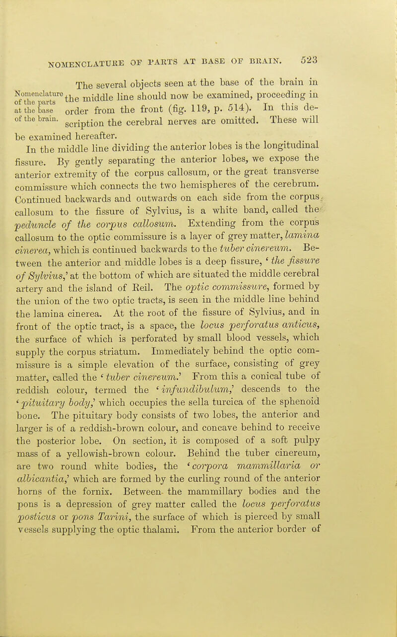 The several objects seen at the base of the brain in STlirlrtr^the middle line should now be examined, proceeding in at the W order from the front (fig. 119, p. 514). In this de- of the brain. g^^,|p,.-oj^ the cerebral nerves are omitted. These will be examined hereafter. In the middle line dividing the anterior lobes is the longitudinal fissure. By gently separating the anterior lobes, we expose the anterior extremity of the corpus callosum, or the great transverse commissure which connects the two hemispheres of the cerebrum. Continued backwards and outwards on each side from the corpus, callosum to the fissure of Sylvius, is a white band, called the- peduncle of the corpus callosum. Extending from the corpus callosum to the optic commissure is a layer of grey matter, lamina cinerea, which is continued backwards to the tuber cinereum. Be- tween the anterior and middle lobes is a deep fissure, ' the fissure of Sylvius,' at the bottom of which are situated the middle cerebral artery and the island of Eeil. The optic commissure, formed by the union of the two optic tracts, is seen in the middle line behind the lamina cinerea. At the root of the fissure of Sylvius, and in front of the optic tract, is a space, the locus perforatus anticus, the surface of v/hich is perforated by small blood vessels, which supply the corpus striatum. Immediately behind the optic com- missure is a simple elevation of the surface, consisting of grey matter, called the ' tuber cioiereum' From this a conical tube of reddish colour, termed the ' infundibulum,' descends to the * pituitary hody^ which occupies the sella turcica of the sphenoid bone. The pituitary body consists of two lobes, the anterior and larger is of a reddish-brown colour, and concave behind to receive the posterior lobe. On section, it is composed of a soft pulpy mass of a yellowish-brown colour. Behind the tuber cinereum, are two round white bodies, the 'corpora mammillaria or alhicantia,' which are formed by the curling round of the anterior horns of the fornix. Between- the mammillary bodies and the pons is a depression of grey matter called tlie locus perforatus -posticus or pons Tarini, the surface of which is pierced by small vessels supplying the optic thalami. From the anterior border of