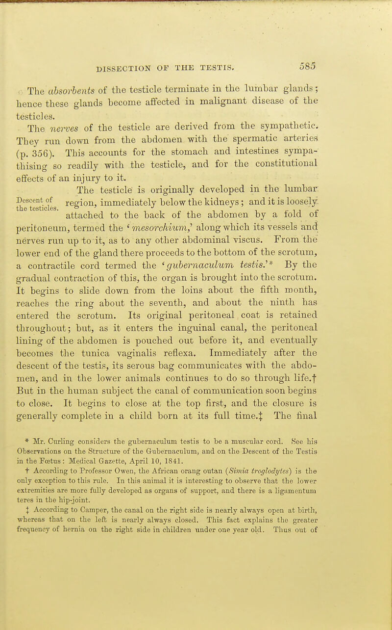 The absorbents of the testicle terminate in the lumbar glands; hence these glands become affected in malignant disease of the testicles. Tlie nerves of the testicle are derived from the sympathetic. They run down from the abdomen with the spermatic arteries (p. 356). This accounts for the stomach and intestines sympa- thising so readily with the testicle, and for the constitutional effects of an injury to it. The testicle is originally developed in the lumbar: thTtestides immediately below the kidneys; and it is loosely. attached to the back of the abdomen by a fold of peritoneum, termed the ' mesorc/iium,^ along which its vessels and nerves run up to it, as to any other abdominal viscus. From the lower end of the gland there proceeds to the bottom of the scrotum, a contractile cord termed the ' gubemaculum testis.''* By the gradual contraction of this, the organ is brought into the scrotum. It begins to slide down from the loins about the fifth month, reaches the ring abou.t the seventh, and about the ninth has entered the scrotum. Its original peritoneal coat is retained throughout; but, as it enters the inguinal canal, the peritoneal lining of the abdomen is pouched out before it, and eventually becomes the tunica vaginalis reflexa. Immediately after the descent of the testis, its serous bag communicates with the abdo- men, and in the lower animals continues to do so through life.f But in the human subject the canal of communication soon begins to close. It begins to close at the top first, and the closure is generally complete in a child born at its full time.J The final * Mr. Ciirling considers the gubernaculum testis to be a muscular cord. See liis Observations on tbe Structure of the Gubernaculum, and on the Descent of the Testis in the Fcetus: Medical Gazette, April 10, 1841. t According to Professor Owen, the African orang outan (Simia troglodytes) is the only exception to this rule. In this animal it is interesting to observe that the lower extremities are more fully developed as organs of support, and there is a ligamentum teres in the hip-joint. \ According to Camper, the canal on the right side is nearly always open at birth, whereas that on the left is nearly always closed. This fact explains the greater frequency of hernia on the right side in children under one year old. Tlius out of