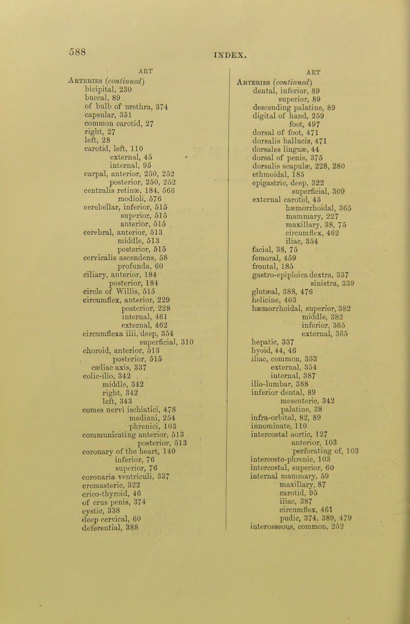 INDEX. ART Arteries {continued) bicipital, 230 buccal, 89 of biilb of \irethra, 374 capsular, 351 common carotid, 27 right, 27 loft, 28 carotid, left, 110 external, 45 ° internal, 95 carpal, anterior, 250, 252 posterior, 250, 252 centralis retinae, 184, 566 modioli, 576 cerebellar, inferior, 515 superior, 515 anterior, 515 . cerebral, anterior, 513 middle, 613 posterior, 515 ceryicalis ascendens, 58 profunda, 60 ciliary, anterior, 184 posterior, 184 circle of Willis, 515 eircTimflex, anterior, 229 posterior, 228 internal, 461 external, 462 circumflexa ilii, deep, 354 superficial, 310 choroid, anterior, 513 posterior, 515 cseliac axis, 337 colic-ilio, 342 middle, 342 right, 342 left, 343 comes nervi iscliiatici, 478 mediani, 254 phrenici, 103 communicating anterior, 513 posterior, 613 coronary of the heart, 140 inferior, 76 superior, 76 coronaria ventriculi, 337 cremasteric, 322 crico-thyroid, 46 of erus penis, 374 cystic, 338 deep cervical, 60 deferential, 388 AUT Arteries {continued) dental, inferior, 89 superior, 89 descending palatine, 89 digital of hand, 259 foot, 497 dorsal of foot, 471 dorsalis hallucis, 471 dorsales linguse, 44 dorsal of penis, 375 dorsalis scapulae, 228, 280 ethmoidal, 185 epigastric, deep, 322 superficial, 309 external carotid, 45 haemorrhoidal, 365 mammary, 227 maxillary, 38, 75 circumflex, 462 iliac, 354 facial, 38, 75 femoral, 459 frontal, 185 gastro-epiploicadextra, 337 sinistra, 339 glutaeal, 388, 476 helicine, 403 haemorrhoidal, superior, 382 middle, 382 inferior, 365 external, 365 hepatic, 337 hyoid, 44, 46 iliac, common, 353 external, 354 internal, 387 ilio-lumbar, 388 inferior dental, 89 mesenteric, 342 palatine, 38 infra-orbital, 82, 89 innominate, 110 intercostal aortic, 127 anterior, 103 perforating of, 103 intercosto-phrenic, 103 intercostal, superior, 60 intemai mammai'y, 59 maxillary, 87 carotid, 95 iliac, 387 circumflex, 461 pudic, 374, 389, 479 interosseous, common. 252