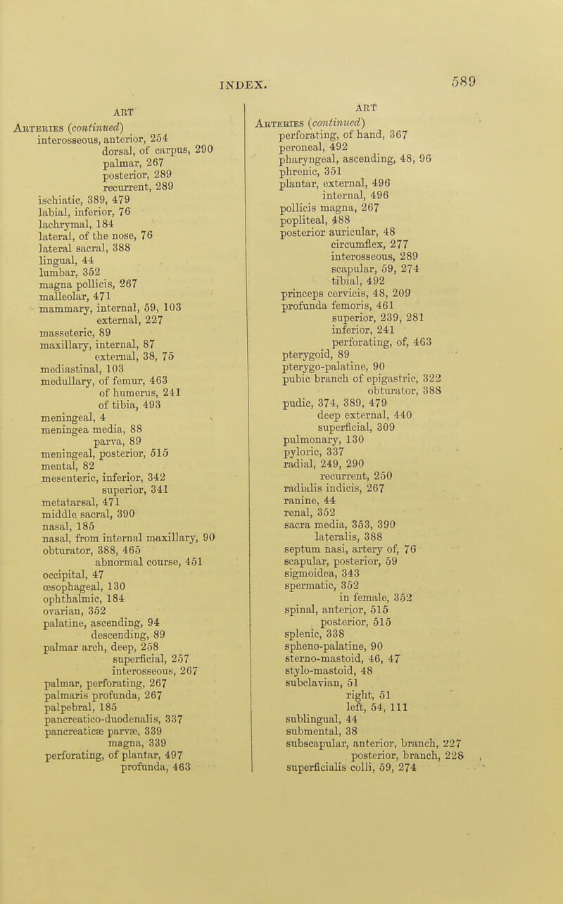 ART Aeteeies (cmitinued) interosseous, anterior, 254 dorsal, of carpus, 290 palmar, 267 posterior, 289 recun-ent, 289 iscliiatic, 389, 479 labial, inferior, 76 lachrymal, 184 lateral, of the nose, 76 lateral sacral, 388 lingual, 44 lumbar, 352 magna pollicis, 267 malleolar, 471 mammary, internal, 59, 103 external, 227 masseteric, 89 maxillary, internal, 87 external, 38, 75 mediastinal, 103 medullary, of femur, 463 of humerus, 241 of tibia, 493 meningeal, 4 v meningea media, 88 parva, 89 meningeal, posterior, 515 mental, 82 mesenteric, inferior, 342 superior, 341 metatarsal, 471 middle sacral, 390 nasal, 185 nasal, from internal maxillary, 90 obturator, 388, 465 abnormal course, 451 occipital, 47 oesophageal, 130 ophthalmic, 184 OTarian, 352 palatine, ascending, 94 descending, 89 palmar arch, deep, 258 superficial, 257 interosseous, 267 palmar, perforating, 267 palmaris profunda, 267 palpebral, 185 pancreatico-duodenalis, 337 pancreaticEE parvse, 339 magna, 339 perforating, of plantar, 497 profunda, 463 Aeteeies {continued) perforating, of hand, 367 peroneal, 492 pharyngeal, ascending, 48, 96 phrenic, 351 plantar, external, 496 internal, 496 pollicis magna, 267 popliteal, 488 posterior auricular, 48 circumflex, 277 interosseous, 289 scapular, 69, 274 tibial, 492 princeps cervicis, 48, 209 profunda femoris, 461 superior, 239, 281 inferior, 241 perforating, of, 463 pterygoid, 89 pterygo-palatine, 90 pubic branch of epigastric, 322 obturator, 388 pudic, 374, 389, 479 deep external, 440 siiperficial, 309 pulmonary, 130 pyloric, 337 radial, 249, 290 recurrent, 250 radialis indicis, 267 ranine, 44 renal, 352 sacra media, 353, 390 lateralis, 388 septum nasi, artery of, 76 scapular, posterior, 59 sigmoidea, 343 spermatic, 352 in female, 352 spinal, anterior, 515 posterior, 515 splenic, 338 spheno-palatine, 90 sterno-mastoid, 46, 47 stylo-mastoid, 48 subclavian, 51 right, 51 left, 54, 111 sublingual, 44 submental, 38 siibscapular, anterior, branch, Z27 posterior, branch, 228 superficialis colli, 59, 274