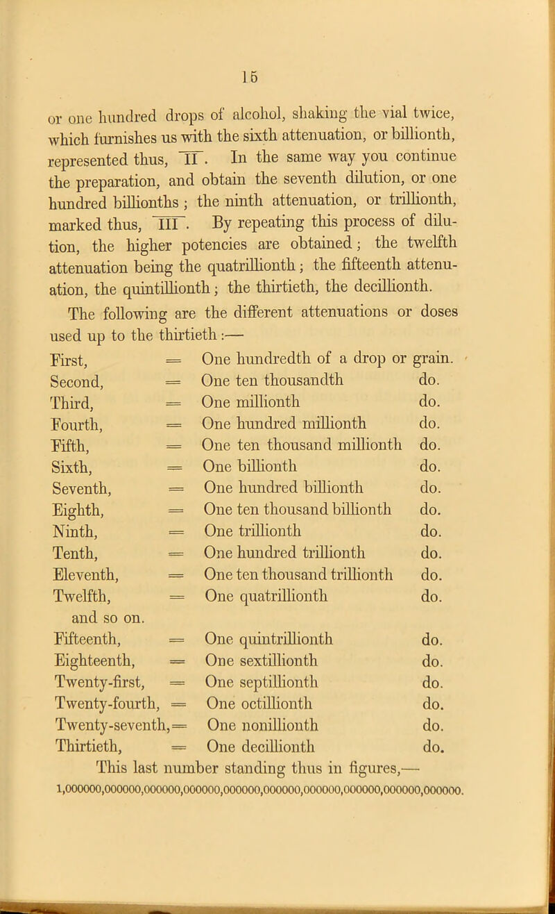 or one hundred drops of alcohol, shaking the vial twice, which furnishes us with the sixth attenuation, or billionth, represented thus, IT. In the same way you continue the preparation, and obtain the seventh dilution, or one hundred billionths ; the ninth attenuation, or trillionth, marked thus, UT. By repeating this process of dilu- tion, the higher potencies are obtained; the twelfth attenuation being the quatrillionth; the fifteenth attenu- ation, the quintillionth; the thirtieth, the decillionth. The following are the different attenuations or doses used up to the thirtieth :— First, = One hundredth of a drop or grain Second, = One ten thousandth do. Third, = One millionth do. Fourth, = One hundred millionth do. Fifth, = One ten thousand millionth do. Sixth, = One billionth do. Seventh, = One hundred billionth do. Eighth, = One ten thousand billionth do. Ninth, = One trillionth do. Tenth, = One hundred trillionth do. Eleventh, = One ten thousand trillionth do. Twelfth, = One quatrillionth do. and so on. Fifteenth, = One quintrillionth do. Eighteenth, = One sextillionth do. Twenty-first, = One septillionth do. Twenty-fourth, = One octillionth do. Twenty-seventh, == One nonillionth do. Thirtieth, = One decillionth do. This last number standing thus in figures,— 1,000000,000000,000000,000000,000000,000000,000000,000000,000000,000000.