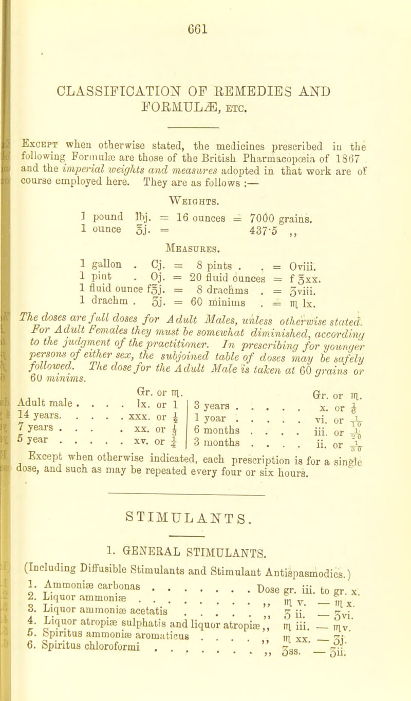 CLASSIFICATION OF REMEDIES AND FOEMUL^, ETC. Except when ofclierwise stated, the medicines prescribed iu the following Formuhia are those of the British Pharmacopoeia of 1867 and the imperial weights and measures adopted in that work are of course employed here. They are as follows :— Weights. ] pound Ibj. = 16 ounces = 7000 grains. 1 ounce oj- = 437-5 ,, Measures. 1 gaUon . Cj. = 8 pints . . = Oviii. 1 pint . Oj. = 20 fluid ounces = fgxx. 1 fluid ounce fgj. = 8 drachms . = 5viii. 1 drachm . 5j. = 60 minims . = in Ix. The doses are fidl doses for Adult Hales, icnless otherwise stated. For Adult Females they must he somewhat diminished, according to the judgment of the practitioner. In prescribing for younger persons of either sex, the subjoined table of doses may be safely followed. The dose for the Adult Male is taken at 60 arains or 60 minims. Gr. or in. Gr. or m. Adult male . . . . Ix. or 1 14 years xxx. or ^ 7 years ... . xx. or | 5 year xv. or J 3 years x. or ^ 1 yoar vi. or ,V 6 months .... iii. or -J^ 3 months .... ii. or '^^^ Except when otherwise indicated, each prescription is for a single dose, and such as may be repeated every four or six hours. STIMULANTS. 1. GEiNTERAL STIMULANTS. (Including DifiFusible Stimulants and Stimulant Antispasmodics.) 1. Ammonia carbonas Dose gr. iii. to gr. x 2. Liquor ammomaB , m v. - hi x ' o. Liquor ammoniaa acetatis 5 ii c-^ 4. Liquor atropia^ sulphatis and liquor atropia;m iii. — mv ' O. hpiritus ammoniiB aromaticus m w 6. Spiritus chloroformi ...  • '  J^^^- OJ-