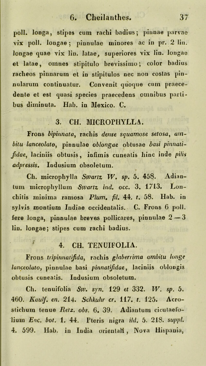 poll, longa, stipes cum rachi badius; pinnae parvae vix poll, longae; piunulae ininores ac in pr. 2 lin. longae quae vix liu. lalae, superiores vix lin. longae el lalae, omnes slipitulo brevissimo; color badius racheos pinnaruin et in stipilulos nec non costas pin- nularum continuatur. Convenit quoque cum praece- dente et esl quasi species praecedens omnibus parti- bus diininuta. Hab. in Mexico. C. . 3. CH. MICROPHYLLA. Frons bipirmata, rachis dense squamose setosa^ am- bitu lanceolate, pinnulae oblongae obtusae basi pinnali- fidae, laciniis oblusis, infimis cunealis liinc inde pills adpressis, lodusium obsoletum. Ch. microphylla Swartz W, sp, 5. 458. Adian- lum micropbyllum Swartz ind, occ. 3. 1713. Lon- chitis minima ramosa Plum, fil, 44. f, 58. Hab. in sylvis montium Indiae occidentalis. C. Frons 6 poll, fere longa, pinnulae breves pollicares, pinnulae 2 —3 liu. longae; stipes cum radii badius. ^ 4. CH. TENUIFOLIA. Frons tripinnatifida, rachis glaberrima ambitu huge lanceolate, piunulae basi pinnatifidae, laciniis oblougis obtusis cuneatis. ludusium obsoletum. Cli. tenuifolia Sw. syn, 129 et 332. W. sp. 5. 460. Kaulf, en. 2l4. Schkuhr cr, 117. t. 125. Acro- stichum tenue lietz. obs. 6. 39. Adiautum ciculaeio- lium Enc. bot. 1. 44. Pteris nigra ild, 5. 218. suppL 4. 599. Hab. in India orienlall, Nova Uispauia,