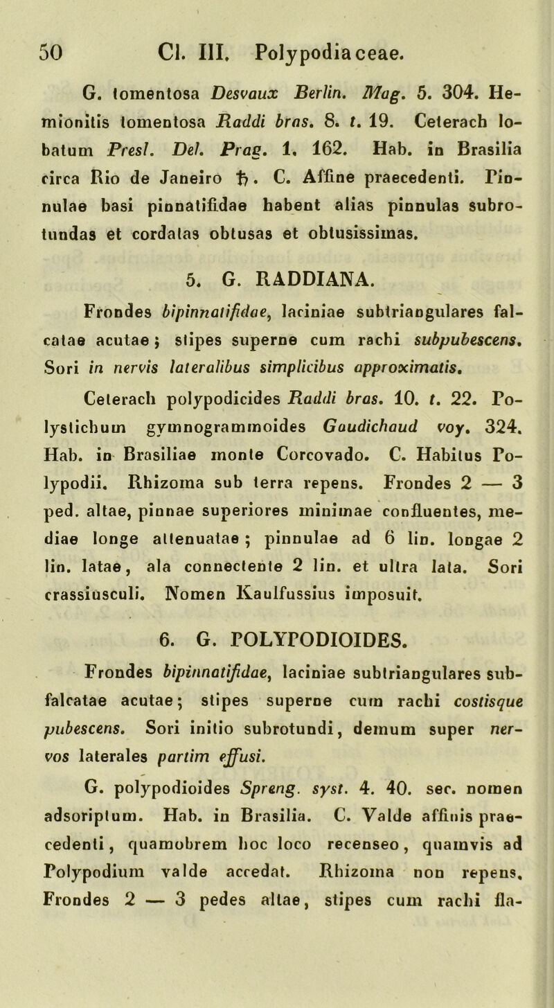 G. tomenlosa Desvaux Berlin. Mag. 5. 304. He- mionltls tomentosa Raddi bras, 8. t. 19. Ceterach lo- batum Presl. Del, Prag. 1. 162, Hab. id Brasilia circa Rio de Janeiro t), C. Affine praecedenti. Pin- nulae basi plnnatifidae habent alias pinnulas subro- tundas et cordalas obtusas et obtusissimas. 5. G. RADDIANA. Frondes bipinnatifidae^ laciniae subtriangulares fal- catae acutae; stipes siiperne cum racbi subpuhescens, Sori in nervis lateralibus simpUcibus approximatis, Ceterach polypodicides Raddi bras, 10. t. 22. Po- lyslichum gymnogrammoides Gaudichaud voy, 324. Hab. in Brasiliae monte Corcovado. C. Habitus Po- lypodii. Rhizoma sub terra repens. Frondes 2 — 3 ped. altae, pinnae superiores minimae confluentes, me- diae longe altenuatae ; pinnulae ad 6 lin. longae 2 Hn. latae, ala connectente 2 lin. et ultra lata. Sori crassiusculi. Nomen Kaulfussius imposuit. 6. G. POLYPODIOIDES. Frondes bipinnatijidae^ laciniae subtriangulares sub- falcatae acutae; stipes superne cum racbi costisque piibescens. Sori initio subrotundi, deinum super ner- vos laterales parlim effusi. G. polypodioides Spr&ng. syst. 4. 40. sec. nomen adsoriptum. Hab. in Brasilia. C. Valde affiiiis prae- cedenti, c|uamobrem hoc loco recenseo, quamvis ad Polypodium valde accedat. Rhizoma non repens, Frondes 2 — 3 pedes allae, stipes cum racbi fla-