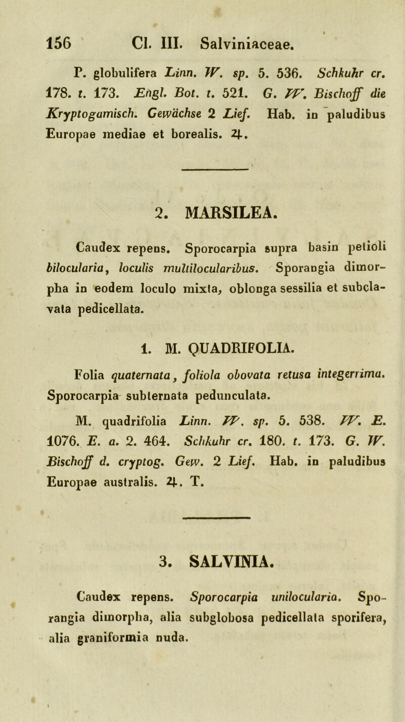 P. globullfera Linn, JV, sp. 5. 536. Schkuhr cr. 178. t. 173. Engl Bot. t. 521. G. Bischoff die Kryptogamisch. Ceivdchse 2 Lief, Hab. in paludibus Europae mediae et borealis. 2|.. 2. MARSILEA. Caudex repens* Sporocarpia supra basin pelioli bilocuhria, locuUs mullilocularibus. Sporangia dimor- pha in eodem loculo raixla, oblonga sessilia et subcla- -vata pedicellate. 1. M. QUADRIFOLIA. Folia quaternata, foHoIa obovata retusa integerrima, Sporocarpia sublernata pedunculata. M. quadrifolia Linn. TT'. sp, 5. 538. 77^. E, 1076. E. a, 2. 464. Schkuhr cr. 180. t. 173. G. }E. Bischoff d, cryptog, Gew, 2 Lief, Hab, in paludibus Europae australis. 2J.. T. 3. SALVINIA, Caudex repens. Sporocarpia unilocularia, Spo- rangia dimorpha, alia subglobosa pedicellata sporifera, alia graniformia nuda.