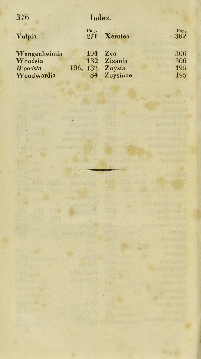 Vulpia r:.g. 271 Xerolea I’-ig. 362 Wangenlieiniia 194 Zea 306 Woodsia 132 Zizania 306 JFoodsia 106. 132 Zoysia 195 W ood wardia 84 Zoysin.'ie 195