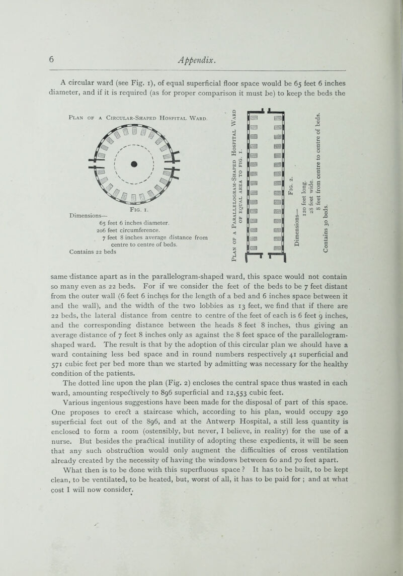 A circular ward (see Fig. i), of equal superficial floor space would be 65 feet 6 inches diameter, and if it is required (as for proper comparison it must be) to keep the beds the Plan of a Circular-Shaped Hospital Ward. Fig. 1. Dimensions— 65 feet 6 inches diameter. 206 feet circumference. 7 feet 8 inches average distance from centre to centre of beds. Contains 22 beds k Is la B al is Ml Is Si ■sn m 1 s ■■ m\ ■ SB Ml Is e Is HI iw s ■sia HI 13 m\ GSl ®a a SI r-1 T-3! 6jo 2; C ^ ° £ 13 O U same-distance apart as in the parallelogram-shaped ward, this space would not contain so many even as 22 beds. For if we consider the feet of the beds to be 7 feet distant from the outer wall (6 feet 6 inches for the length of a bed and 6 inches space between it and the wall), and the width of the two lobbies as 13 feet, we find that if there are 22 beds, the lateral distance from centre to centre of the feet of each is 6 feet 9 inches, and the corresponding distance between the heads 8 feet 8 inches, thus giving an average distance of 7 feet 8 inches only as against the 8 feet space of the parallelogram- shaped ward. The result is that by the adoption of this circular plan we should have a ward containing less bed space and in round numbers respectively 41 superficial and 571 cubic feet per bed more than we started by admitting was necessary for the healthy condition of the patients. The dotted line upon the plan (Fig. 2) encloses the central space thus wasted in each ward, amounting respectively to 896 superficial and 12,553 cubic feet. Various ingenious suggestions have been made for the disposal of part of this space. One proposes to ereCt a staircase which, according to his plan, would occupy 250 superficial feet out of the 896, and at the Antwerp Hospital, a still less quantity is enclosed to form a room (ostensibly, but never, I believe, in reality) for the use of a nurse. But besides the practical inutility of adopting these expedients, it will be seen that any such obstruction would only augment the difficulties of cross ventilation already created by the necessity of having the windows between 60 and 70 feet apart. What then is to be done with this superfluous space ? It has to be built, to be kept clean, to be ventilated, to be heated, but, worst of all, it has to be paid for ; and at what cost I will now consider.