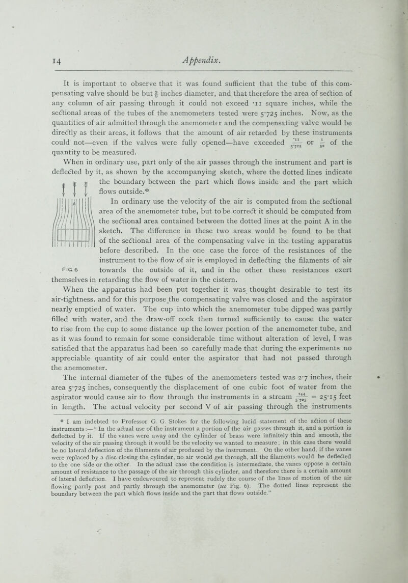 It is important to observe that it was found sufficient that the tube of this com- pensating valve should be but f inches diameter, and that therefore the area of sedtion of any column of air passing through it could not exceed -n square inches, while the sectional areas of the tubes of the anemometers tested were 5-725 inches. Now, as the quantities of air admitted through the anemometer and the compensating valve would be direcftly as their areas, it follows that the amount of air retarded by these instruments could not—even if the valves were fully opened—have exceeded or A of the quantity to be measured. When in ordinary use, part only of the air passes through the instrument and part is deflected by it, as shown by the accompanying sketch, where the dotted lines indicate the boundary between the part which flows inside and the part which flows outside.c In ordinary use the velocity of the air is computed from the sedtional area of the anemometer tube, but to be correift it should be computed from the sectional area contained between the dotted lines at the point A in the sketch. The difference in these two areas would be found to be that of the sedtional area of the compensating valve in the testing apparatus before described. In the one case the force of the resistances of the instrument to the flow of air is employed in deflecting the filaments of air fig.6 towards the outside of it, and in the other these resistances exert themselves in retarding the flow of water in the cistern. When the apparatus had been put together it was thought desirable to test its air-tightness, and for this purposethe compensating valve was closed and the aspirator nearly emptied of water. The cup into which the anemometer tube dipped was partly filled with water, and the draw-off cock then turned sufficiently to cause the water to rise from the cup to some distance up the lower portion of the anemometer tube, and as it was found to remain for some considerable time without alteration of level, I was satisfied that the apparatus had been so carefully made that during the experiments no appreciable quantity of air could enter the aspirator that had not passed through the anemometer. The internal diameter of the tubes of the anemometers tested was 2-7 inches, their area 5-725 inches, consequently the displacement of one cubic foot of water from the aspirator would cause air to flow through the instruments in a stream Apr = 25-15 feet in length. The actual velocity per second V of air passing through the instruments * I am indebted to Professor G. G. Stokes for the following lucid statement of the adtion of these instruments:—“ In the adtual use of the instrument a portion of the air passes through it, and a portion is defledted by it. If the vanes were away and the cylinder of brass were infinitely thin and smooth, the velocity of the air passing through it would be the velocity we wanted to measure ; in this case there would be no lateral deflection of the filaments of air produced by the instrument. On the other hand, if the vanes were replaced by a disc closing the cylinder, no air would get through, all the filaments would be defledted to the one side or the other. In the adtual case the condition is intermediate, the vanes oppose a certain amount of resistance to the passage of the air through this cylinder, and therefore there is a certain amount of lateral defledtion. I have endeavoured to represent rudely the course of the lines of motion of the air flowing partly past and partly through the anemometer (see Fig. 6). The dotted lines represent the boundary between the part which flows inside and the part that flows outside.”