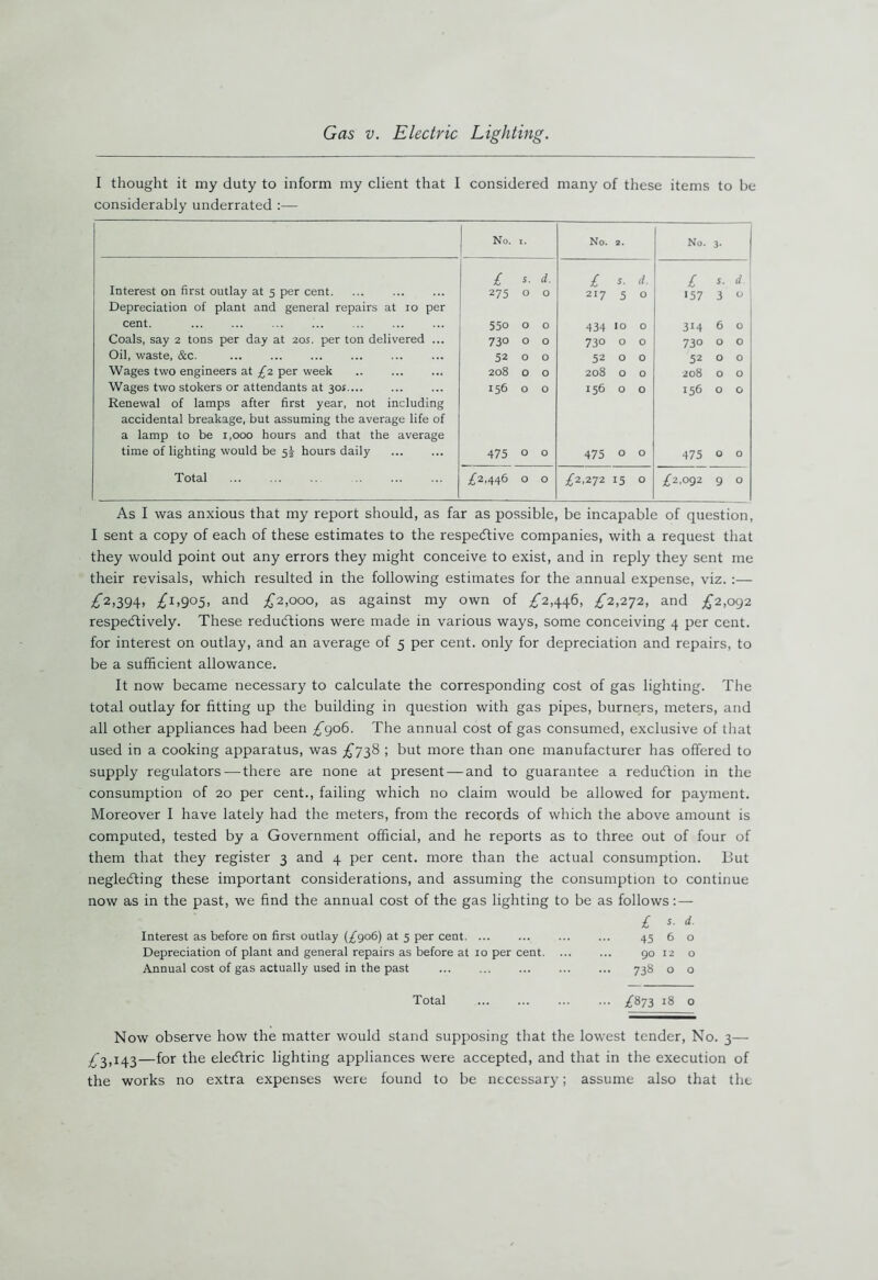 Gas v. Electric Lighting. I thought it my duty to inform my client that I considered many of these items to be considerably underrated :— No. X. No. 2. No. 3- Interest on first outlay at 5 per cent. £ S. d. £ 5. d. £ 5. d. 275 O 0 217 5 O 157 3 O Depreciation of plant and general repairs at 10 per cent. i 550 O 0 434 10 0 314 6 0 Coals, say 2 tons per day at 205. per ton delivered ... 730 O 0 730 O 0 730 O 0 Oil, waste, &c. 52 0 0 52 O 0 52 O 0 Wages two engineers at £2 per week 208 0 0 208 O 0 208 0 0 Wages two stokers or attendants at 301 156 0 0 156 O 0 156 0 0 Renewal of lamps after first year, not including accidental breakage, but assuming the average life of a lamp to be 1,000 hours and that the average time of lighting would be 5J hours daily 475 0 0 475 O 0 475 0 0 Total £2,446 0 0 £2,272 15 0 £2,092 9 0 As I was anxious that my report should, as far as possible, be incapable of question, I sent a copy of each of these estimates to the respective companies, with a request that they would point out any errors they might conceive to exist, and in reply they sent me their revisals, which resulted in the following estimates for the annual expense, viz. :— £2,394, £1,905, and £2,000, as against my own of £2,446, £2,272, and £2,092 respectively. These reductions were made in various ways, some conceiving 4 per cent, for interest on outlay, and an average of 5 per cent, only for depreciation and repairs, to be a sufficient allowance. It now became necessary to calculate the corresponding cost of gas lighting. The total outlay for fitting up the building in question with gas pipes, burners, meters, and all other appliances had been £906. The annual cost of gas consumed, exclusive of that used in a cooking apparatus, was £738 ; but more than one manufacturer has offered to supply regulators—there are none at present — and to guarantee a reduction in the consumption of 20 per cent., failing which no claim would be allowed for payment. Moreover I have lately had the meters, from the records of which the above amount is computed, tested by a Government official, and he reports as to three out of four of them that they register 3 and 4 per cent, more than the actual consumption. But negleCting these important considerations, and assuming the consumption to continue now as in the past, we find the annual cost of the gas lighting to be as follows: — £ d. Interest as before on first outlay (£906) at 5 per cent. ... ... ... ... 45 6 o Depreciation of plant and general repairs as before at 10 per cent. ... ... go 12 o Annual cost of gas actually used in the past ... ... ... ... ... 738 o o Total £873 18 o Now observe how the matter would stand supposing that the lowest tender, No. 3— £3,143—f°r eleCtric lighting appliances were accepted, and that in the execution of the works no extra expenses were found to be necessary; assume also that the