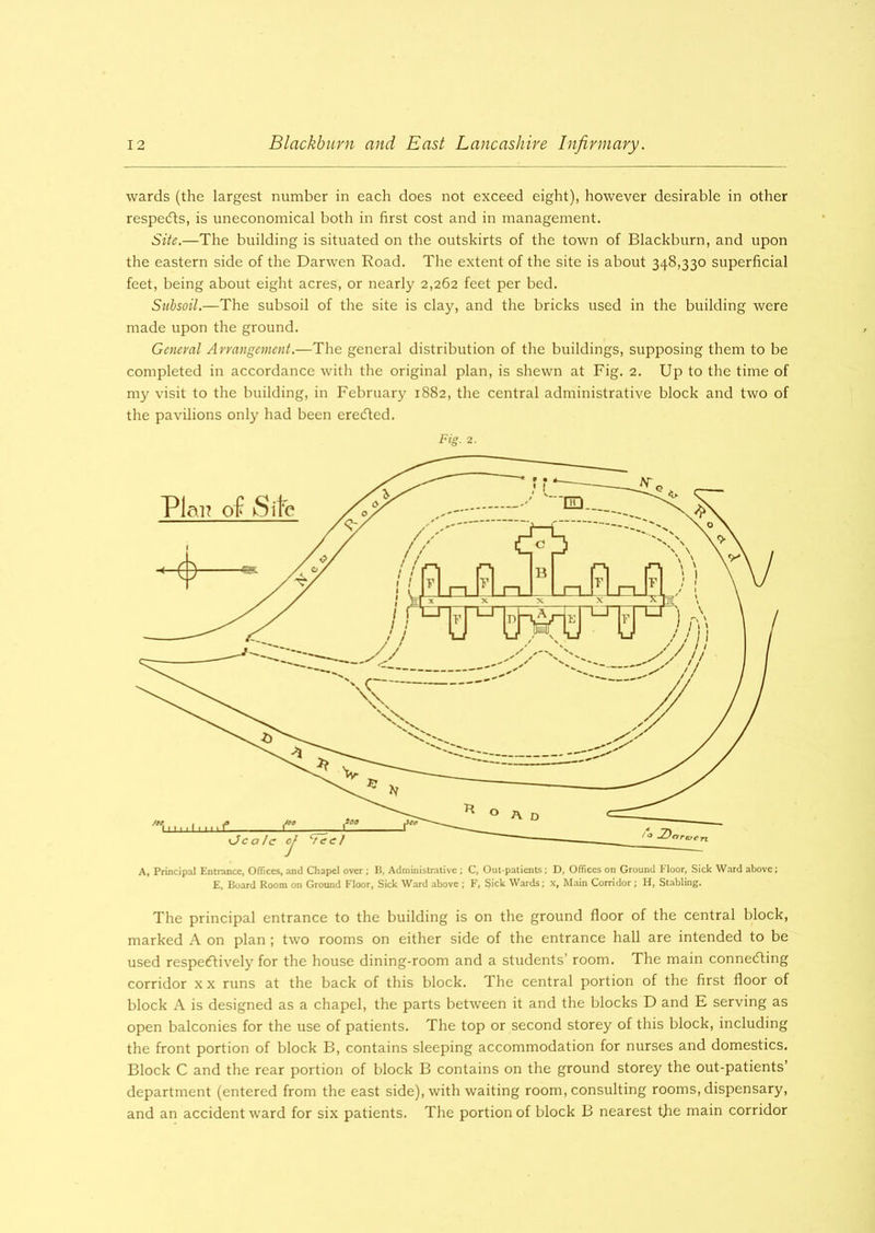 wards (the largest number in each does not exceed eight), however desirable in other respeCts, is uneconomical both in first cost and in management. Site.—The building is situated on the outskirts of the town of Blackburn, and upon the eastern side of the Darwen Road. The extent of the site is about 348,330 superficial feet, being about eight acres, or nearly 2,262 feet per bed. Subsoil.—The subsoil of the site is clay, and the bricks used in the building were made upon the ground. General Arrangement.—The general distribution of the buildings, supposing them to be completed in accordance with the original plan, is shewn at Fig. 2. Up to the time of my visit to the building, in February 1882, the central administrative block and two of the pavilions only had been ereCted. Fig. 2. A, Principal Entrance, Offices, and Chapel over ; B, Administrative ; C, Out-patients ; D, Offices on Ground Floor, Sick Ward above; E, Board Room on Ground Floor, Sick Ward above ; F, Sick Wards; x, Main Corridor; H, Stabling. The principal entrance to the building is on the ground floor of the central block, marked A on plan ; two rooms on either side of the entrance hall are intended to be used respectively for the house dining-room and a students’ room. The main connecting corridor x x runs at the back of this block. The central portion of the first floor of block A is designed as a chapel, the parts between it and the blocks D and E serving as open balconies for the use of patients. The top or second storey of this block, including the front portion of block B, contains sleeping accommodation for nurses and domestics. Block C and the rear portion of block B contains on the ground storey the out-patients’ department (entered from the east side), with waiting room, consulting rooms, dispensary, and an accident ward for six patients. The portion of block B nearest the main corridor