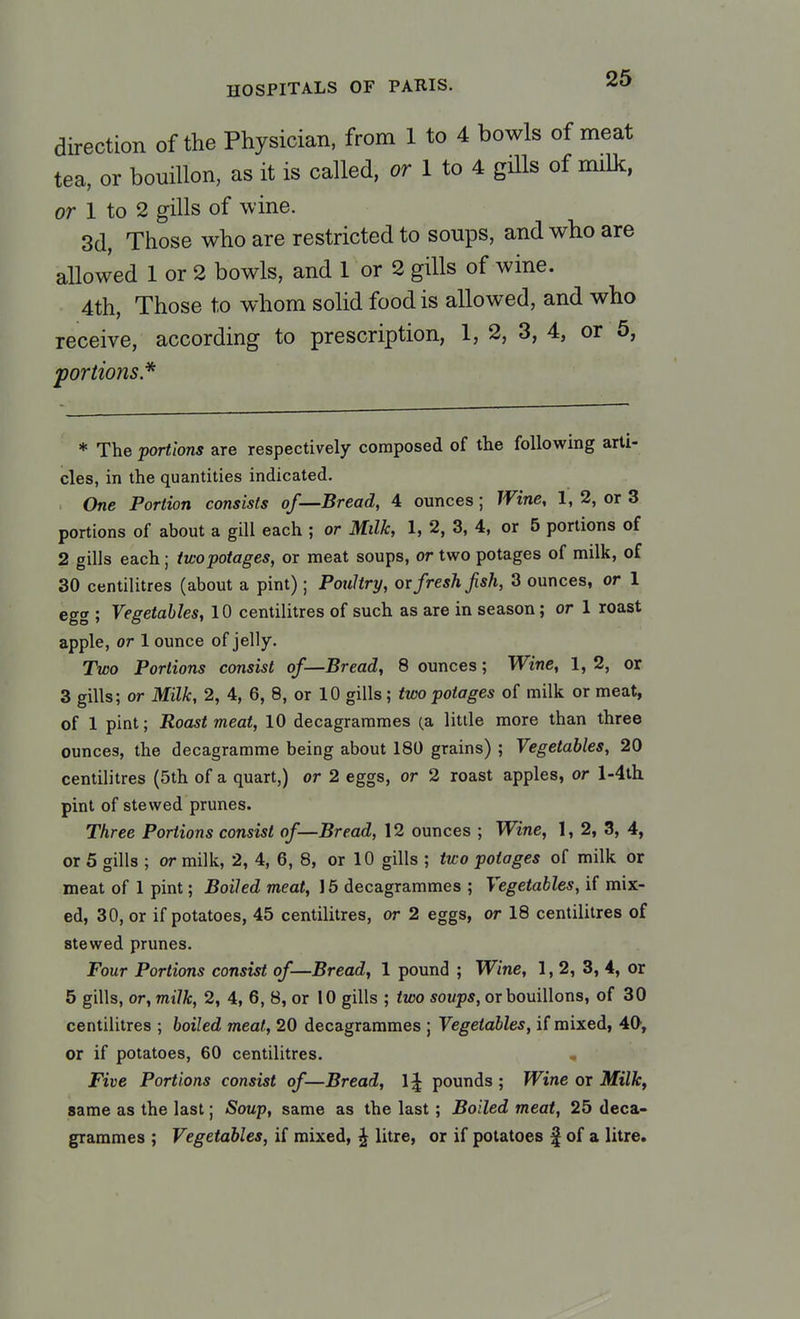 direction of the Physician, from 1 to 4 bowls of meat tea, or bouillon, as it is called, or I to 4 gills of milk, or 1 to 2 gills of wine. 3d, Those who are restricted to soups, and who are allowed 1 or 2 bowls, and 1 or 2 gills of wine. 4th, Those to whom solid food is allowed, and who receive, according to prescription, 1, 2, 3, 4, or 5, portions* * The portions are respectively composed of the following arti- cles, in the quantities indicated. One Portion consists of—Bread, 4 ounces; Wine, 1, 2, or 3 portions of about a gill each ; or Milk, 1, 2, 3, 4, or 5 portions of 2 gills each; twopotages, or meat soups, or two potages of milk, of 30 centilitres (about a pint); Poultry, or fresh fish, 3 ounces, or 1 egg ; Vegetables, 10 centilitres of such as are in season; or 1 roast apple, or 1 ounce of jelly. Two Portions consist of—Bread, 8 ounces; Wine, 1, 2, or 3 gills; or Milk, 2, 4, 6, 8, or 10 gills; two potages of milk or meat, of 1 pint; Roast meat, 10 decagrammes (a little more than three ounces, the decagramme being about 180 grains) ; Vegetables, 20 centilitres (5th of a quart,) or 2 eggs, or 2 roast apples, or l-4th pint of stewed prunes. Three Portions consist of—Bread, 12 ounces ; Wine, 1, 2, 3, 4, or 5 gills ; or milk, 2, 4, 6, 8, or 10 gills ; two potages of milk or meat of 1 pint; Boiled meat, 15 decagrammes ; Vegetables, if mix- ed, 30, or if potatoes, 45 centilitres, or 2 eggs, or 18 centilitres of stewed prunes. Four Portions consist of—Bread, 1 pound ; Wine, 1,2, 3, 4, or 5 gills, or, milk, 2, 4, 6, 8, or 10 gills ; two soups, or bouillons, of 30 centilitres ; boiled meat, 20 decagrammes ; Vegetables, if mixed, 40, or if potatoes, 60 centilitres. , Five Portions consist of—Bread, 1^ pounds ; Wine or Milk, same as the last; Soup, same as the last; Boiled meat, 25 deca- grammes ; Vegetables, if mixed, £ litre, or if potatoes f of a litre.