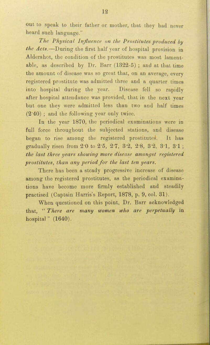 out to speak to their father or mother, thnt they hud never heard such language. The Physical Influence on the Prostitutes produced by the Acts.—During the first half year of hospital provision in Aldershot, the condition of the prostitutes was most lament- able, as described by Dr. Barr (1322-5) ; and at that time the amount of disease was so great that, on an average, every registered prostitute was admitted three and a quarter times into hospital during the year. Disease fell so rapidlv after hospital attendance was provided, that in the next year but one they were admitted less than two and half times (240) ; and the following year only twice. In the year 1870, the periodical examinations were in full force throughout the subjected stations, and disease began to rise among the registered prostituted. It has gradually risen from 20 to 25, 27, 32, 2*8, 3 2, 31, 31 ; the last three years showing more disease amongst registered prostitutes, than any period for the last ten years. There has been a steady progressive increase of disease among the registered prostitutes, as the periodical examina- tions have become more firmly established and steadily practised (Captain Harris's Report, 1878, p. 9, col. 31). When questioned on this point, Dr. Barr acknowledged that,  There are many women who are perpetually in hospital  (1640).