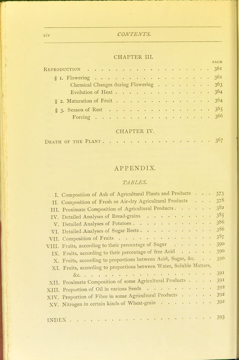 CHAPTER III. Reproduction 361 § I. Flowering • • 3^1 Chemical Changes during Flowering 363 Evolution of Heat 3^4 § 2. Maturation of Fruit 3^4 § 3. Season of Rest 3^5 Forcing 3^6 CHAPTER IV. Death of the Plant 3^7 APPENDIX. TABLES. I. Composition of Ash of Agricultural Plants and Products . ... 373 II. Composition of Fresh or Air-dry Agricultural Products . . . 37S III. Proximate Composition of Agricultural Products 382 TV. Detailed Analyses of Bread-grains 3^5 V. Detailed Analyses of Potatoes 3^^^ VI. Detailed Analyses of Sugar Beets 3^6 VII. Composition of Fruits 3^7 VIII. Fmits, according to their percentage of Sugar 39° IX. Fruits, according to their percentage of free Acid 39° X. Fruits, according to proportions between Acid, Sugar, &c. . . 390 XI Fruits, according to proportions between Water, Soluble Matters, &c 391 XII. Proximate Composition of some Agricultural Products .... 391 XIIT. Proportion of Oil in various Seeds 392 XIV. Proportion of Fibre in some Agricultural Products 39^ XV. Nitrogen in certain kinds of Wheat-grain 392 INDEX 393