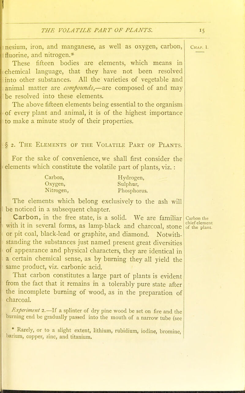 inesium, iron, and manganese, as well as oxygen, carbon, fluorine, and nitrogen.* These fifteen bodies are elements, which means in , chemical language, that they have not been resolved : into other substances. All the varieties of vegetable and : animal matter are compounds,—are composed of and may ' be resolved into these elements. The above fifteen elements being essential to the organism ■ of every plant and animal, it is of the highest importance to make a minute study of their properties. § 2. The Elements of the Volatile Part of Plants. For the sake of convenience, we shall first consider the elements which constitute the volatile part of plants, viz.: Carbon, Oxygen, Nitrogen, Hydrogen, Sulphur, Phosphorus. The elements which belong exclusively to the ash will be noticed in a subsequent chapter. Carbon, in the free state, is a solid. We are famihar with it in several forms, as lamp-black and charcoal, stone or pit coal, black-lead or graphite, and diamond. Notwith- standing the substances just named present great diversities of appearance and physical characters, they are identical in a certain chemical sense, as by burning they all yield the same product, viz. carbonic acid. That carbon constitutes a large part of plants is evident from the fact that it remains in a tolerably pure state after the incomplete burning of wood, as in the preparation of charcoal. Experiment 2.—If a splinter of dry pine wood be set on fire and the burning end be gradually passed into the mouth of a narrow tube (see • Rarely, or to a slight extent, lithium, rubidium, iodine, bromine, barium, copper, zinc, and titanium.