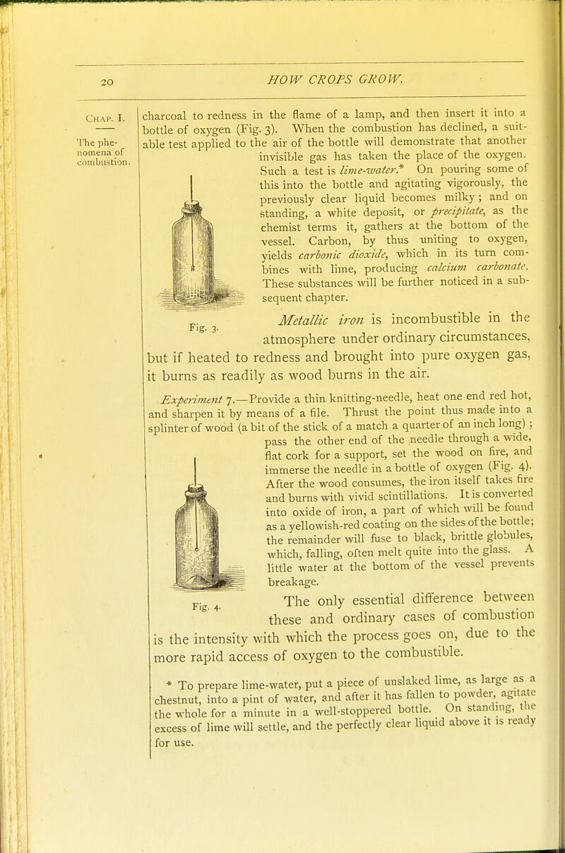 Chap. I. The phe- nomena of combustion. charcoal to redness in the flame of a lamp, and then insert it into a bottle of oxygen (Fig. 3). When the combustion has declined, a suit- able test applied to the air of the bottle will demonstrate that another invisible gas has taken the place of the oxygen. Such a test is lime-water* On pouring some of this into the bottle and agitating vigorously, the previously clear liquid becomes milky ; and on standing, a white deposit, or precipitate, as the chemist terms it, gathers at the bottom of the vessel. Carbon, by thus uniting to oxygen, yields carbonic dioxide, which in its turn com- bines with lime, producing calcium carbojiate. These substances will be further noticed in a sub- sequent chapter. Fig- 3- Metallic iron is incombustible in the atmosphere under ordinary circumstances, but if heated to redness and brought into pure oxygen gas, it burns as readily as wood bums in the air. Experiment 7.—Provide a thin knitting-needle, heat one end red hot, and sharpen it by means of a file. Thrust the point thus made into a splinter of wood (a bit of the stick of a match a quarter of an inch long) ; pass the other end of the iieedle through a wide, flat cork for a support, set the wood on fire, and immerse the needle in a bottle of oxygen (Fig. 4). After the wood consumes, the iron itself takes fire and burns with vivid scintillations. It is converted into oxide of iron, a part of which will be found as a yellowish-red coating on the sides of the bottle; the remainder will fuse to black, brittle globules, which, falling, often melt quite into the glass. A little water at the bottom of the vessel prevents breakage. The only essential difference between these and ordinary cases of combustion is the intensity with which the process goes on, due to the more rapid access of oxygen to the combustible. * To prepare lime-water, put a piece of unslaked lime, as large as a chestnut, into a pint of water, and after it has fallen to powder, agitate the whole for a minute in a well-stoppered bottle. On standuig, the excess of lime will settle, and the perfectly clear liquid above it is ready for use.