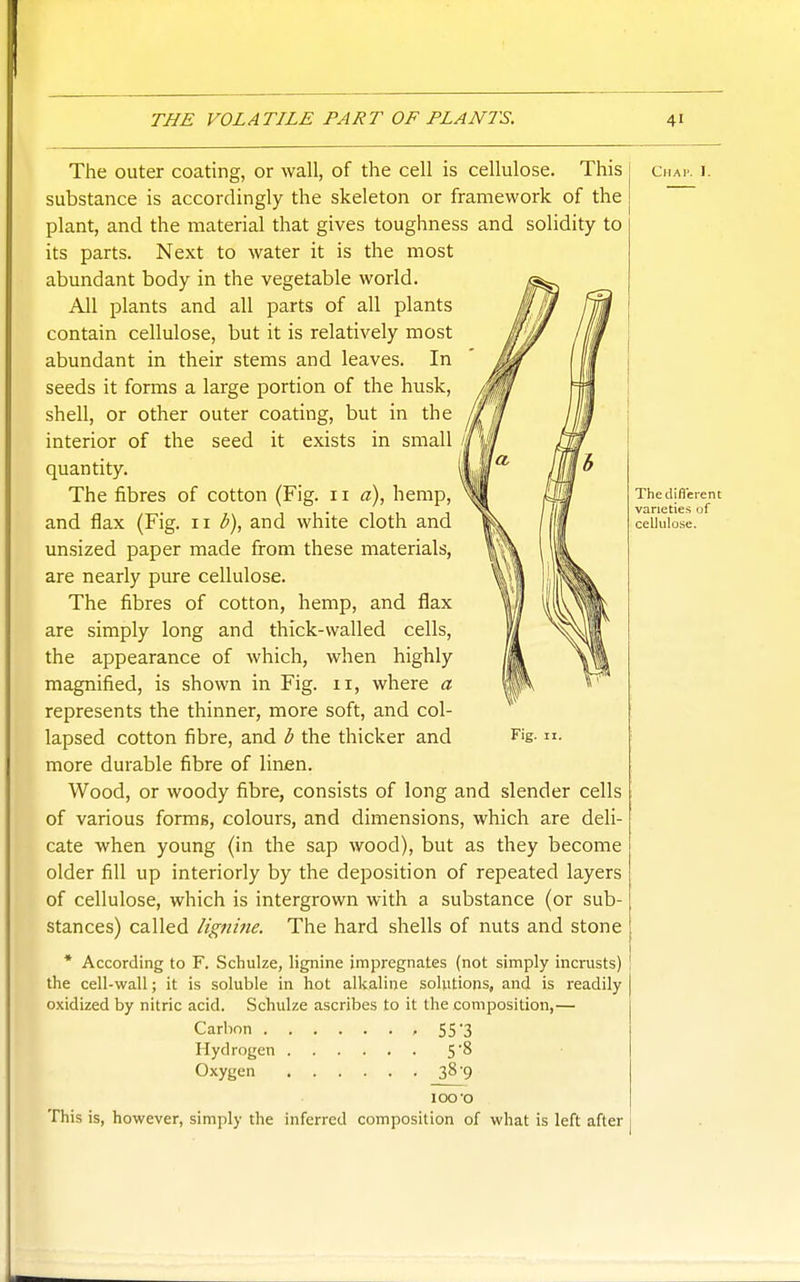 The outer coating, or wall, of the cell is cellulose. This substance is accordingly the skeleton or framework of the plant, and the material that gives toughness and solidity to its parts. Next to water it is the most abundant body in the vegetable world. All plants and all parts of all plants contain cellulose, but it is relatively most abundant in their stems and leaves. In seeds it forms a large portion of the husk, shell, or other outer coating, but in the interior of the seed it exists in small quantity. The fibres of cotton (Fig. 11 a), hemp, and flax (Fig. 11 b), and white cloth and unsized paper made from these materials, are nearly pure cellulose. The fibres of cotton, hemp, and flax are simply long and thick-walled cells, the appearance of which, when highly magnified, is shown in Fig. 11, where a represents the thinner, more soft, and col- lapsed cotton fibre, and b the thicker and more durable fibre of linen. Wood, or woody fibre, consists of long and slender cells of various forms, colours, and dimensions, which are deli- cate when young (in the sap wood), but as they become older fill up interiorly by the deposition of repeated layers of cellulose, which is intergrown with a substance (or sub- stances) called lignine. The hard shells of nuts and stone * According to F. Schulze, lig^ine impregnates (not simply incrusts) the cell-wall; it is soluble in hot alkaline solutions, and is readily oxidized by nitric acid. Schulze ascribes to it the composition,— Carbon ' SS'3 Hydrogen 5'8 Oxygen 389 100'O This is, however, simply the inferred composition of what is left after Fig. II.
