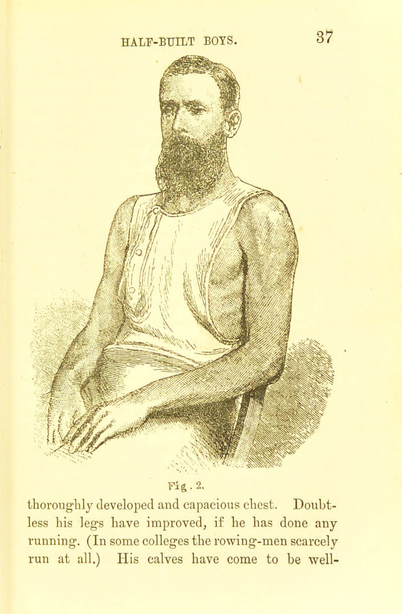 Fig. 2. thoroughly developed and capacious chest. Doubt- less his legs have improved, if he has done any running. (In some colleges the rowing-men scarcely run at all.) His calves have come to be well-